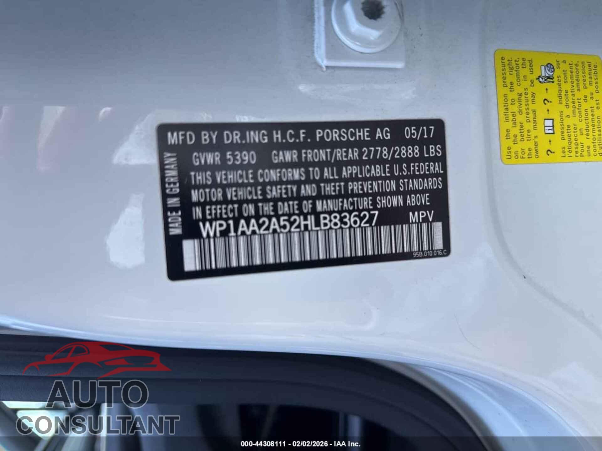 PORSCHE MACAN 2017 - WP1AA2A52HLB83627