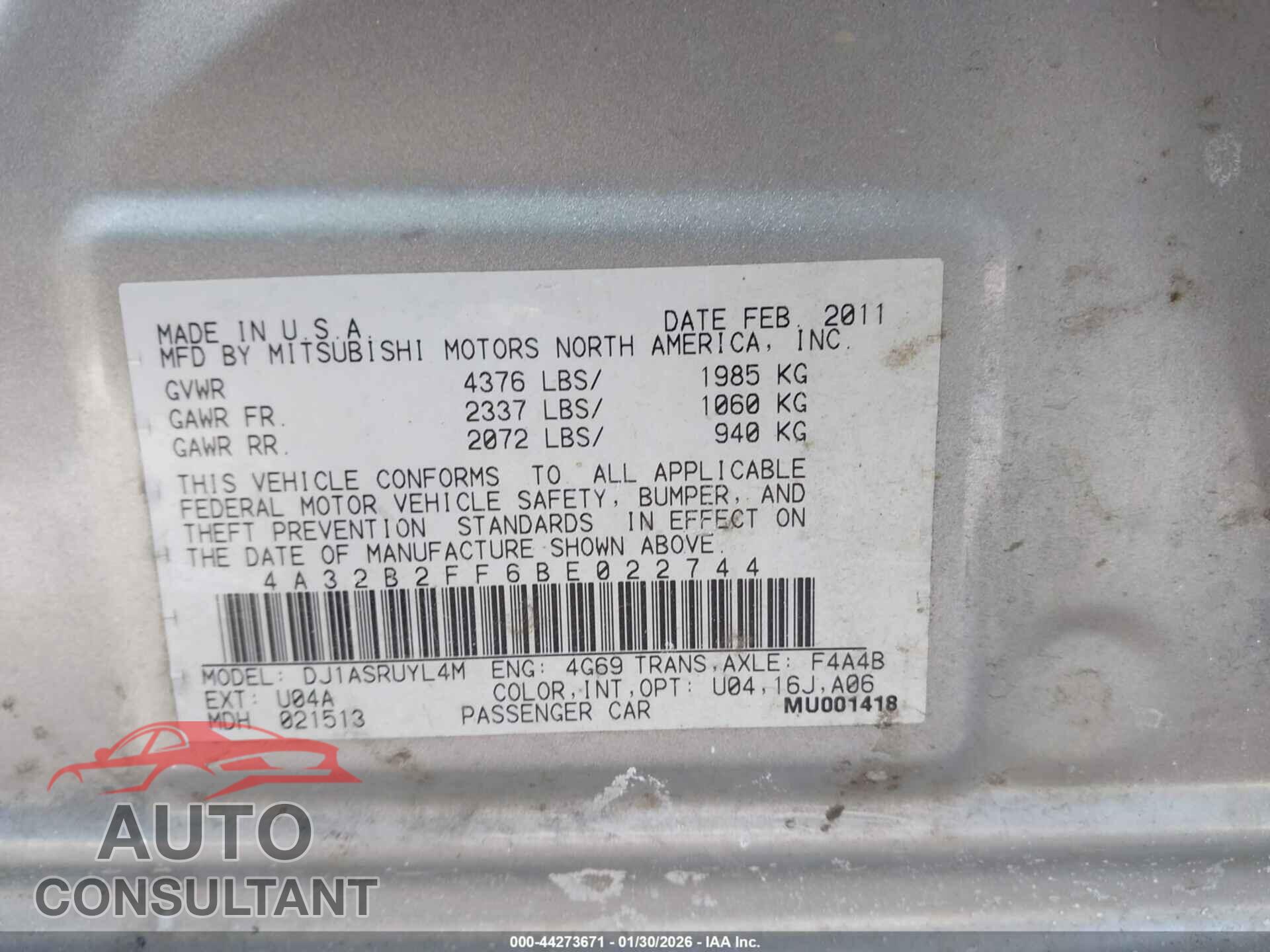 MITSUBISHI GALANT 2011 - 4A32B2FF6BE022744