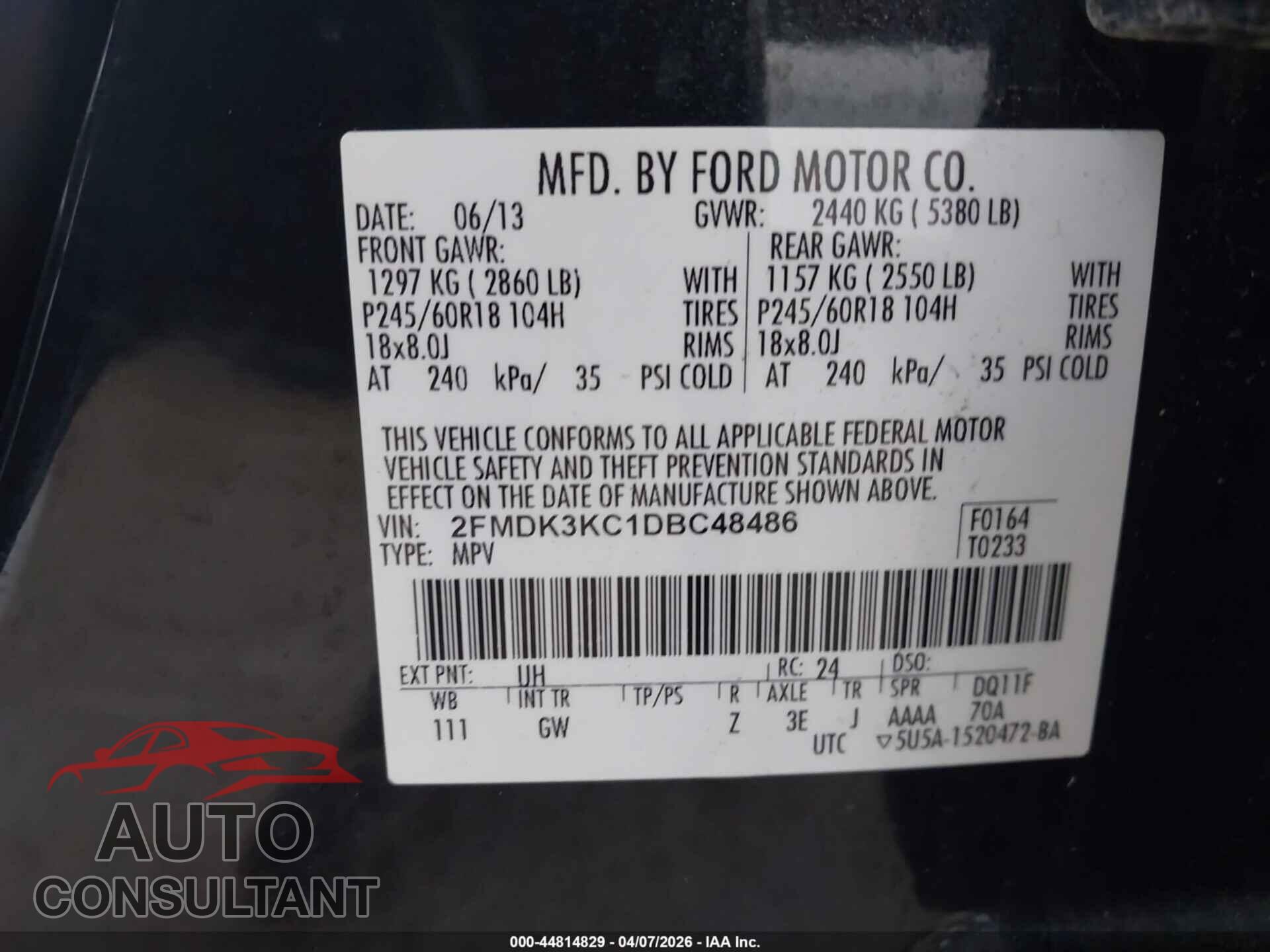 FORD EDGE 2013 - 2FMDK3KC1DBC48486