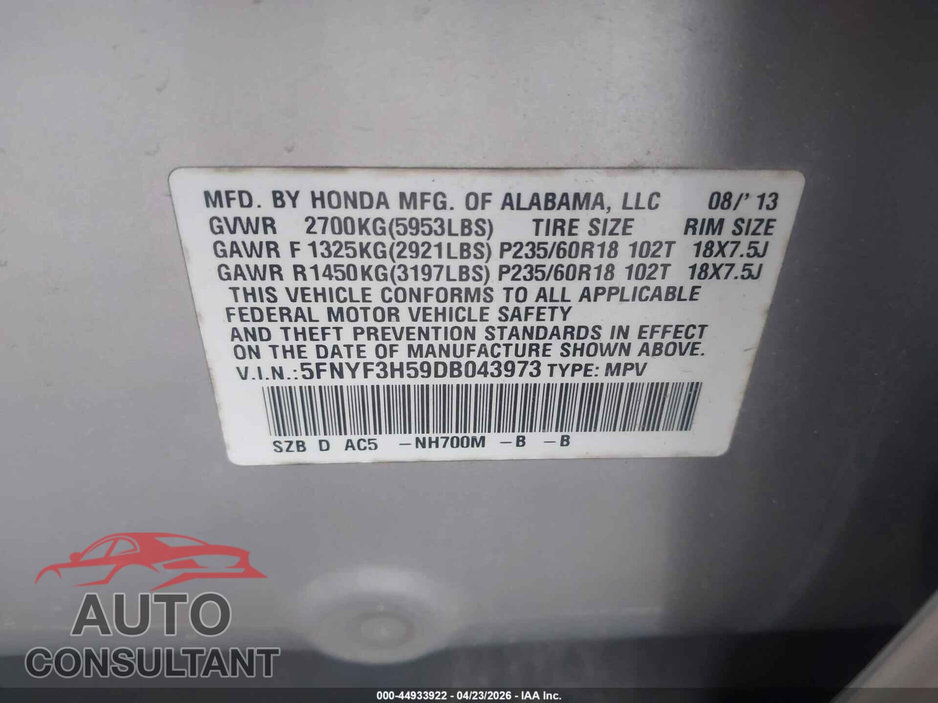 HONDA PILOT 2013 - 5FNYF3H59DB043973