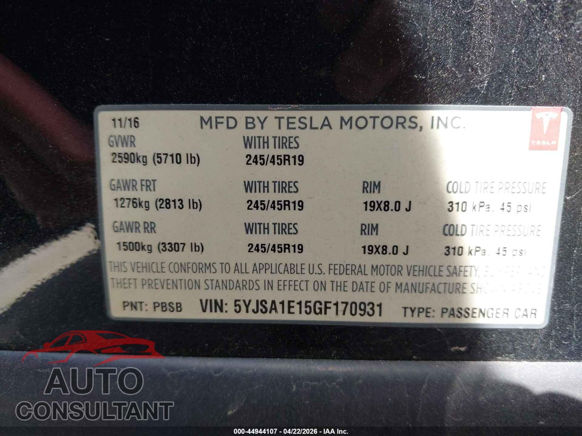 TESLA MODEL S 2016 - 5YJSA1E15GF170931