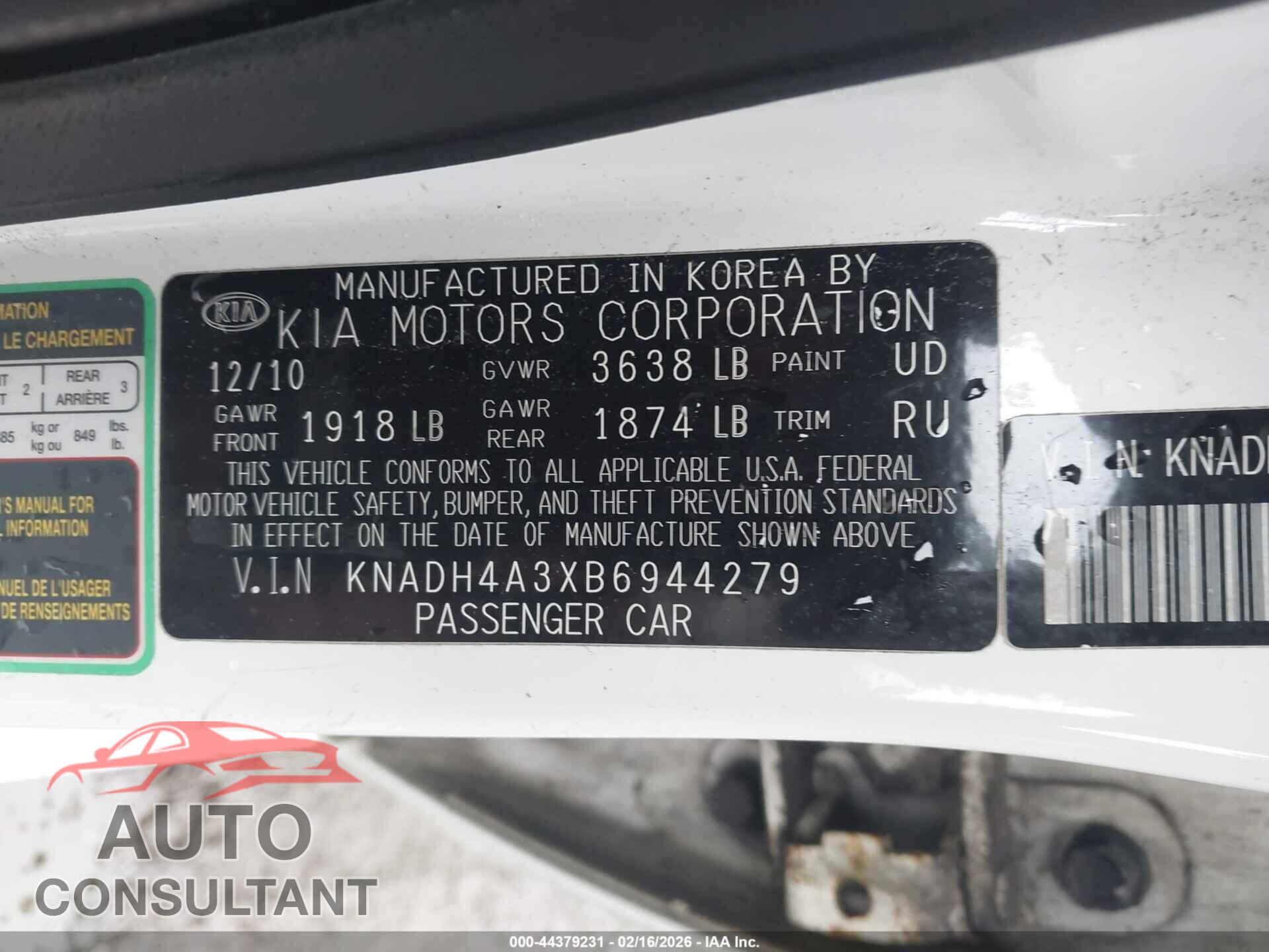 KIA RIO 2011 - KNADH4A3XB6944279
