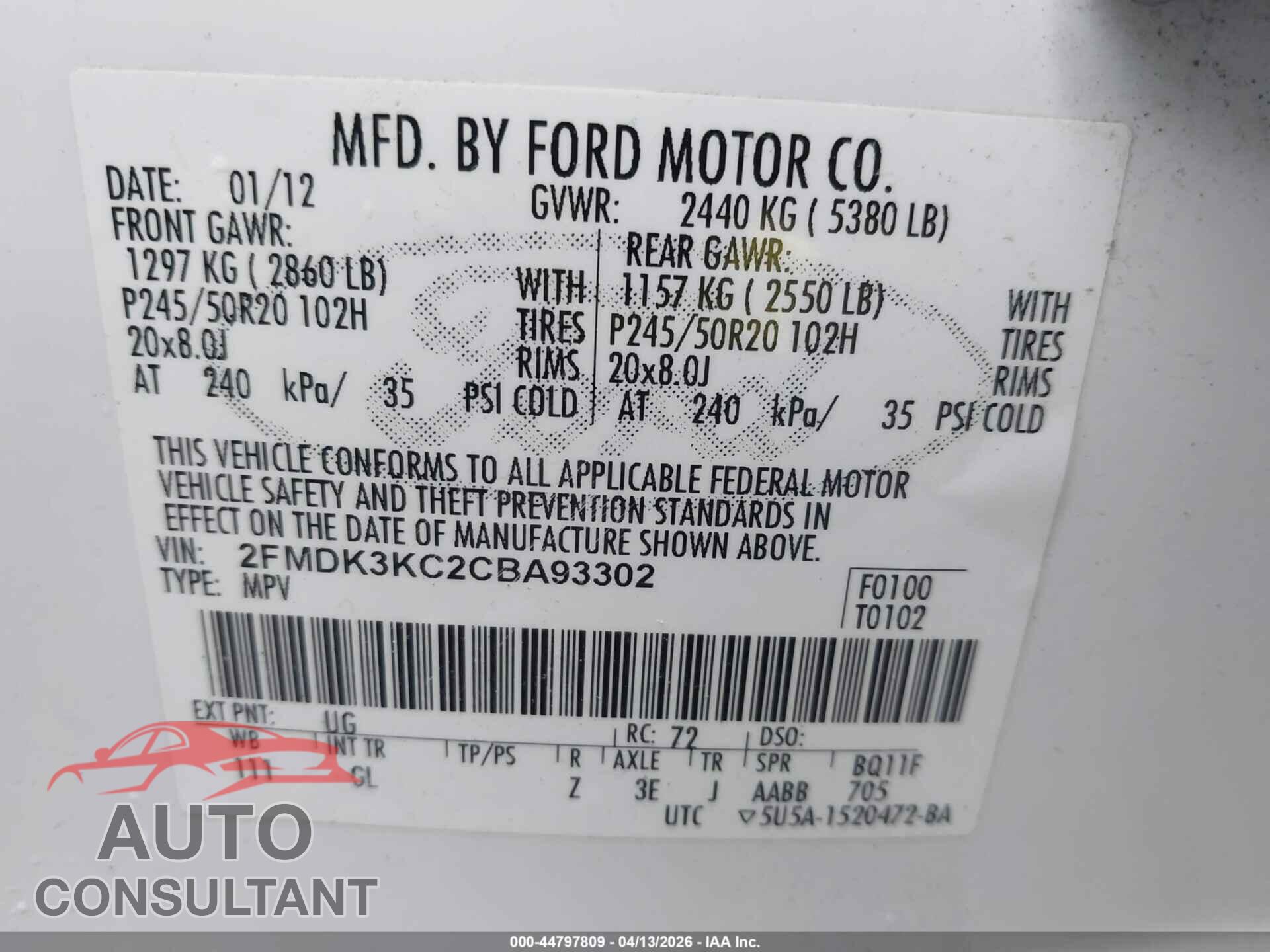 FORD EDGE 2012 - 2FMDK3KC2CBA93302