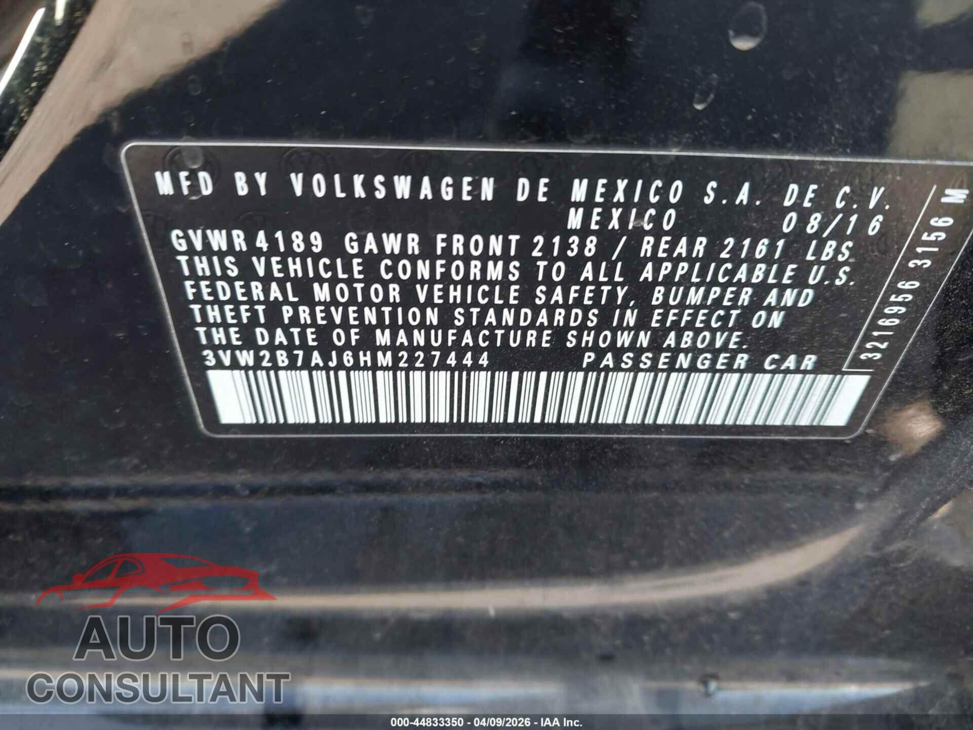 VOLKSWAGEN JETTA 2017 - 3VW2B7AJ6HM227444