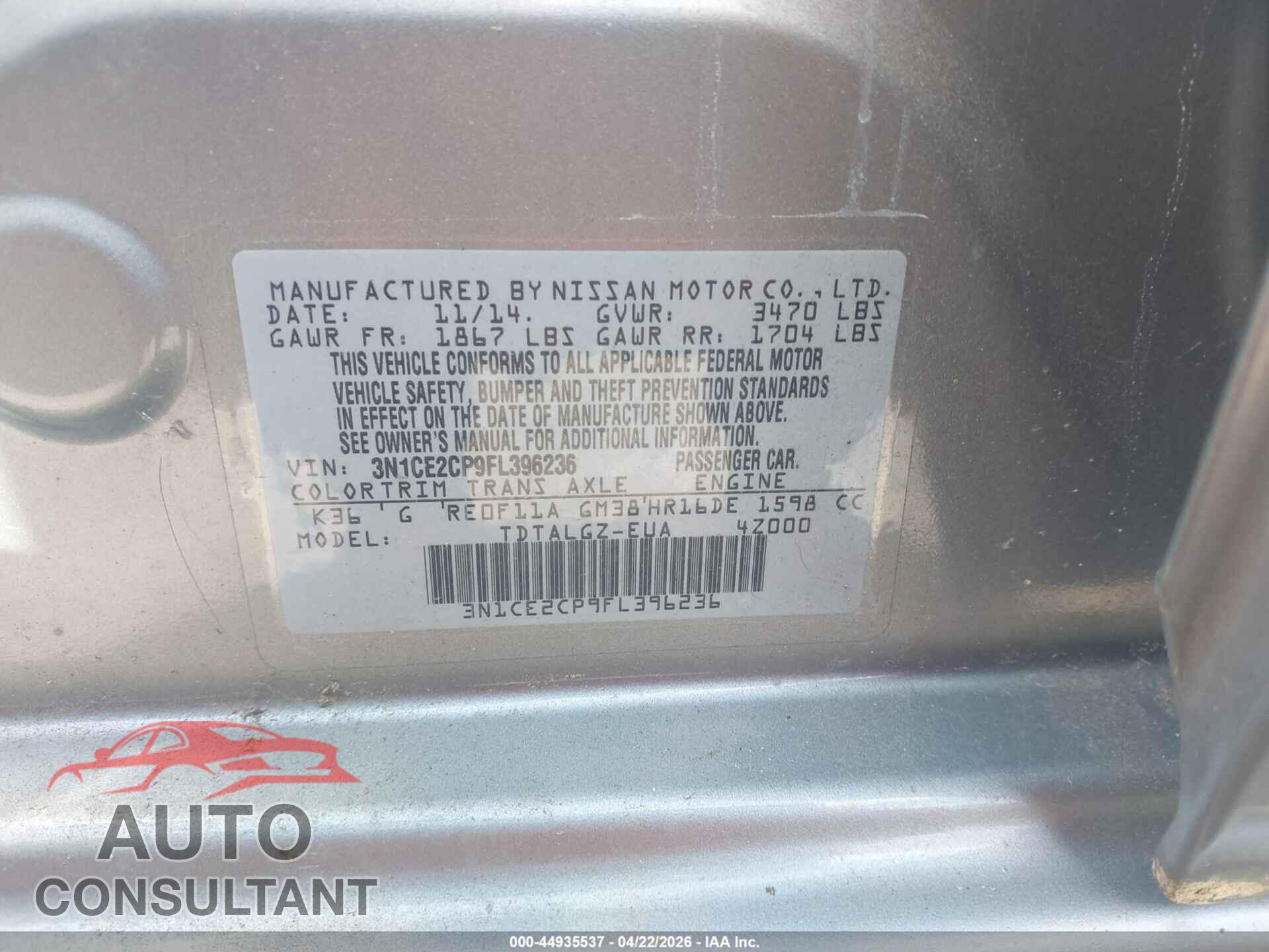 NISSAN VERSA NOTE 2015 - 3N1CE2CP9FL396236