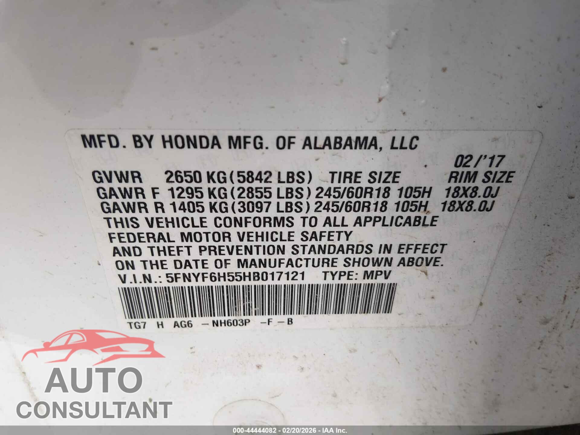 HONDA PILOT 2017 - 5FNYF6H55HB017121