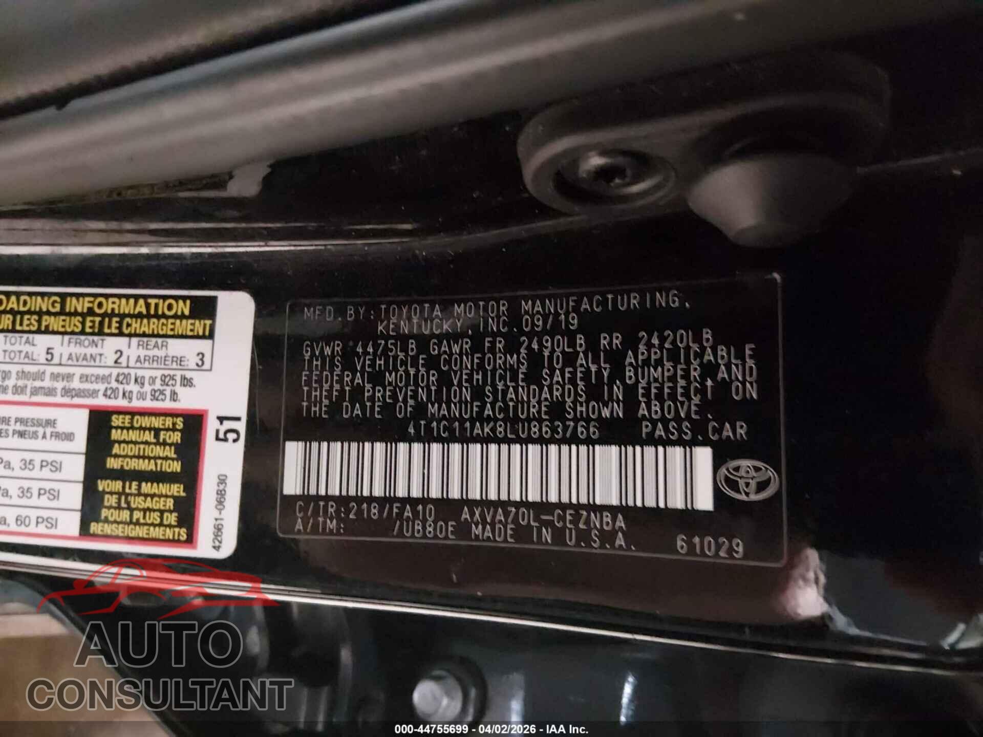 TOYOTA CAMRY 2020 - 4T1C11AK8LU863766