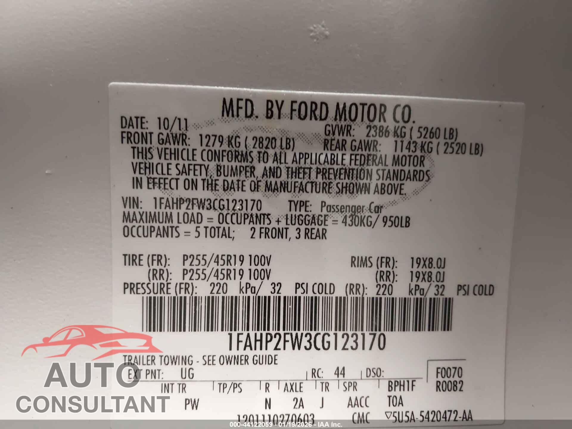 FORD TAURUS 2012 - 1FAHP2FW3CG123170