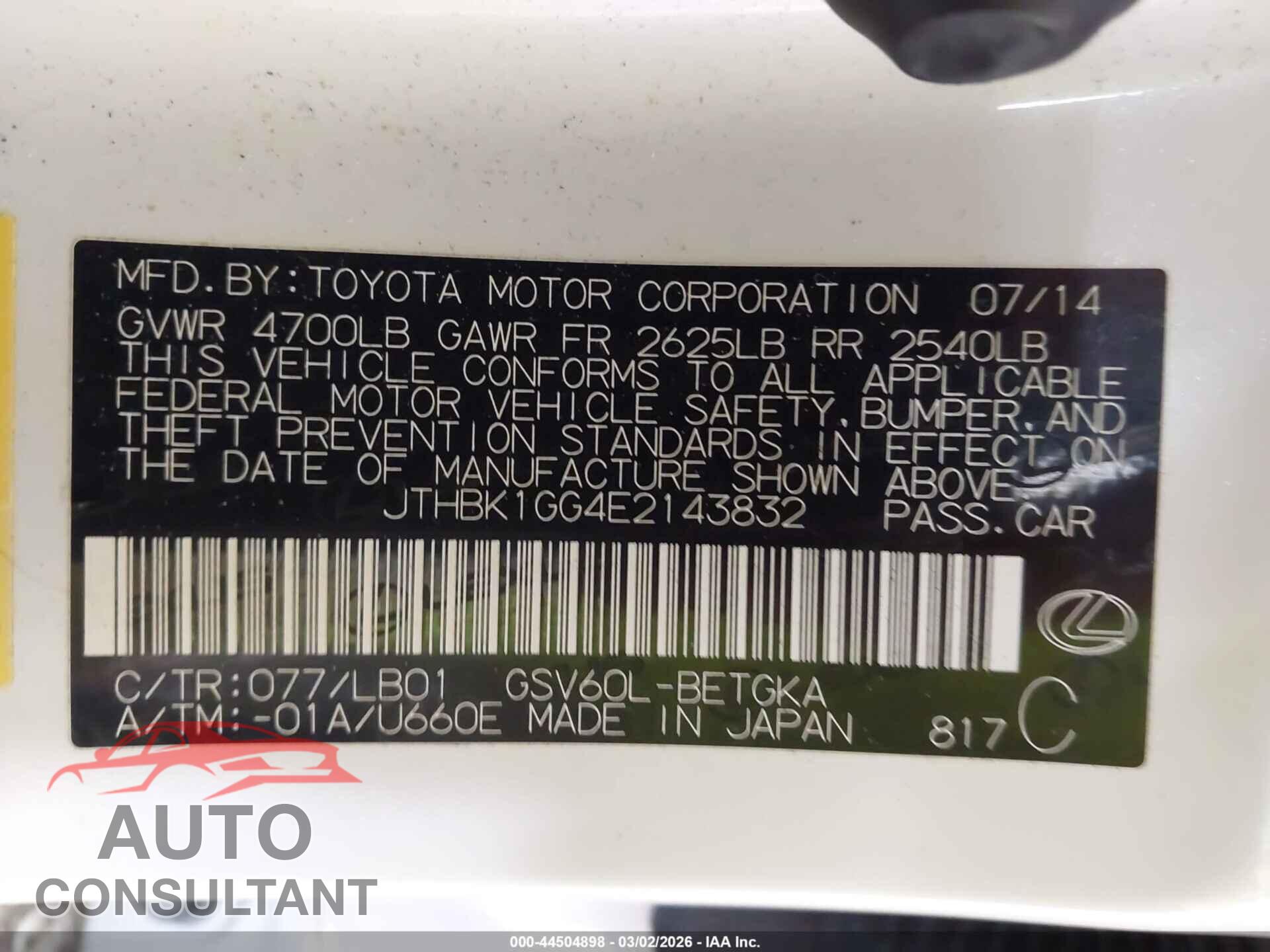 LEXUS ES 350 2014 - JTHBK1GG4E2143832