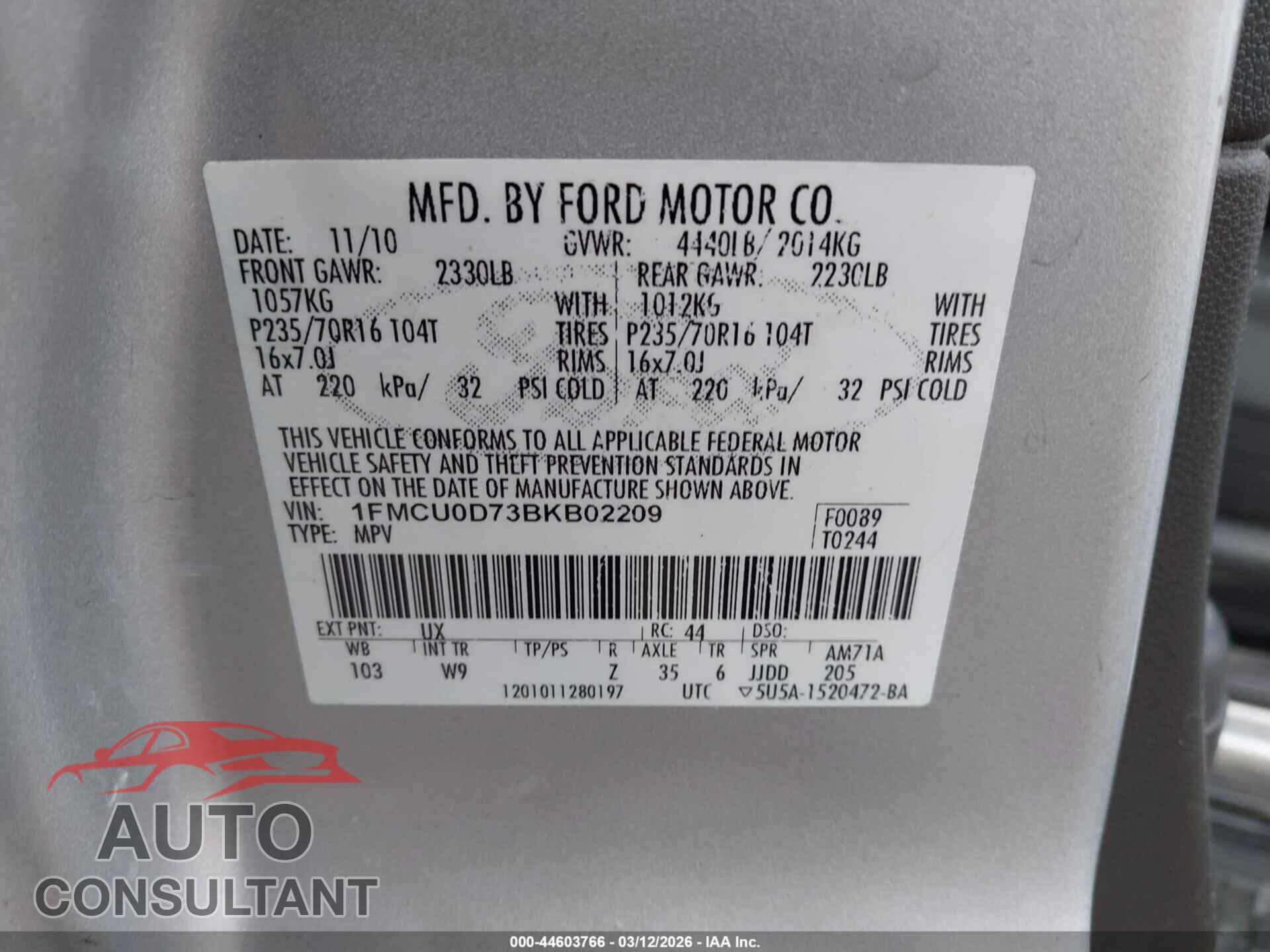 FORD ESCAPE 2011 - 1FMCU0D73BKB02209