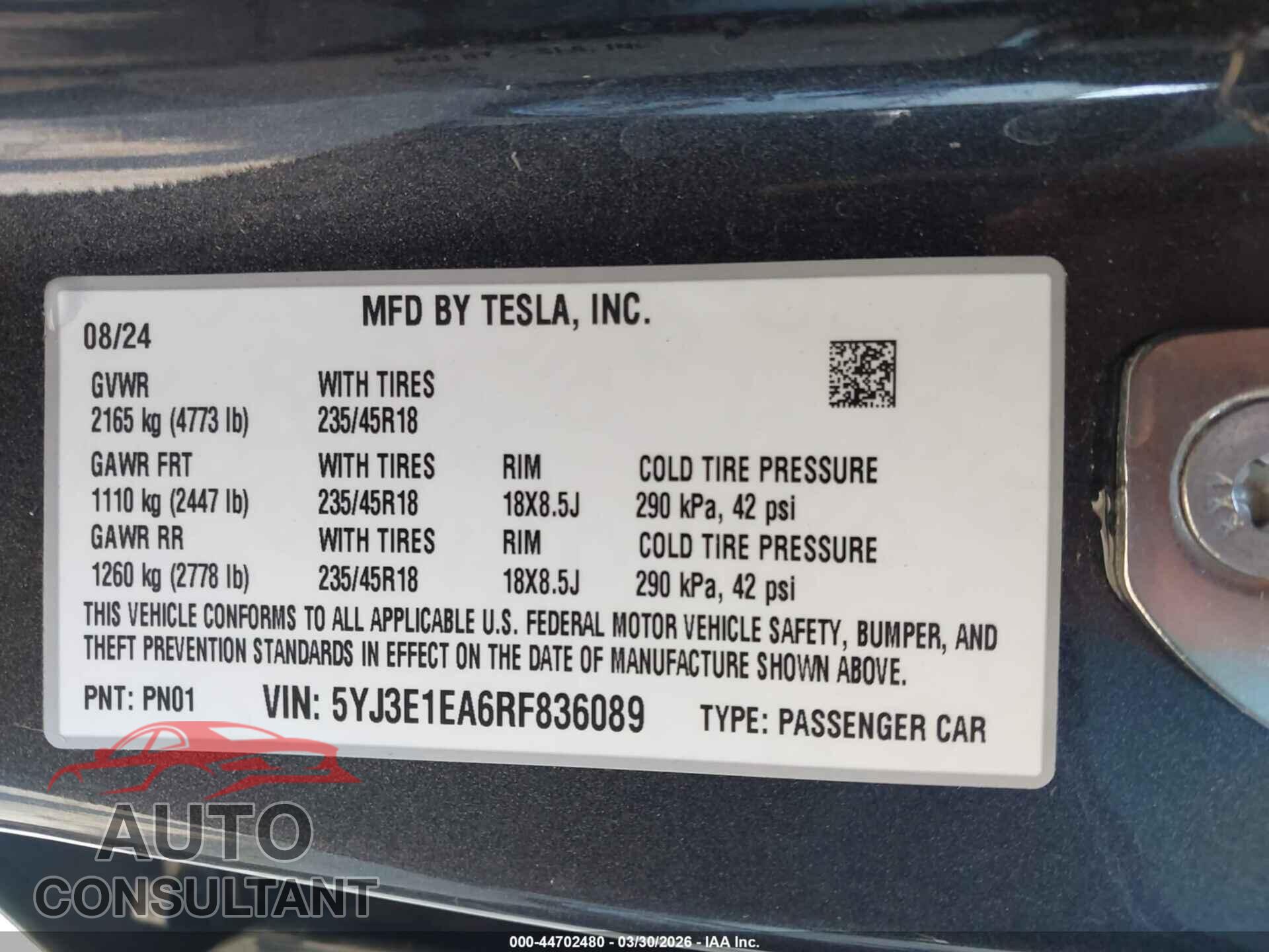 TESLA MODEL 3 2024 - 5YJ3E1EA6RF836089