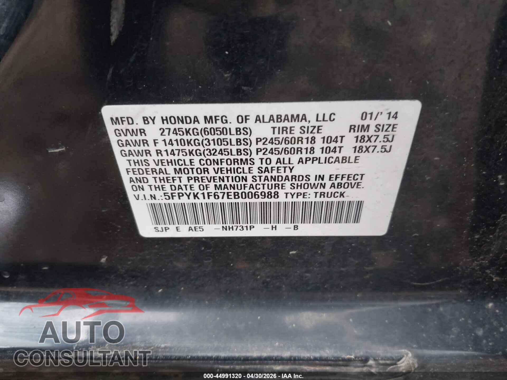 HONDA RIDGELINE 2014 - 5FPYK1F67EB006988