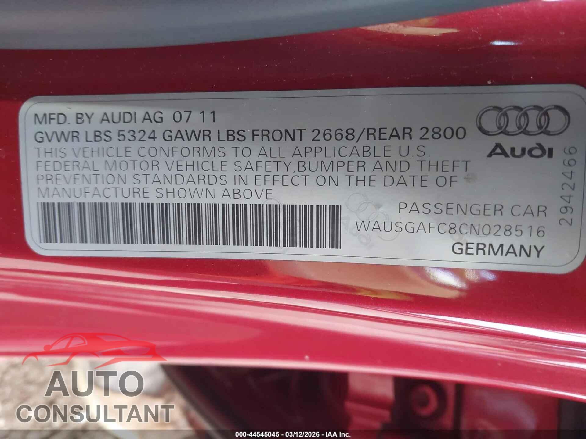 AUDI A7 2012 - WAUSGAFC8CN028516