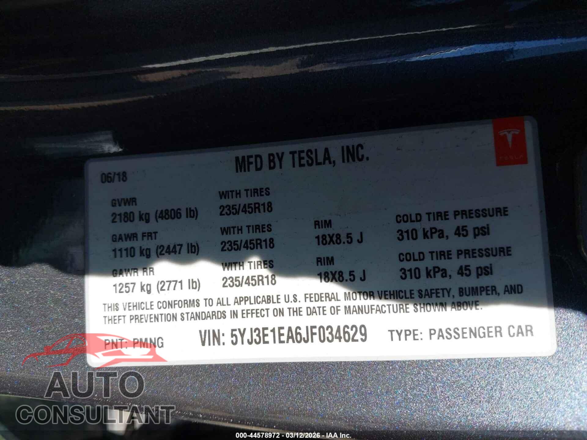 TESLA MODEL 3 2018 - 5YJ3E1EA6JF034629