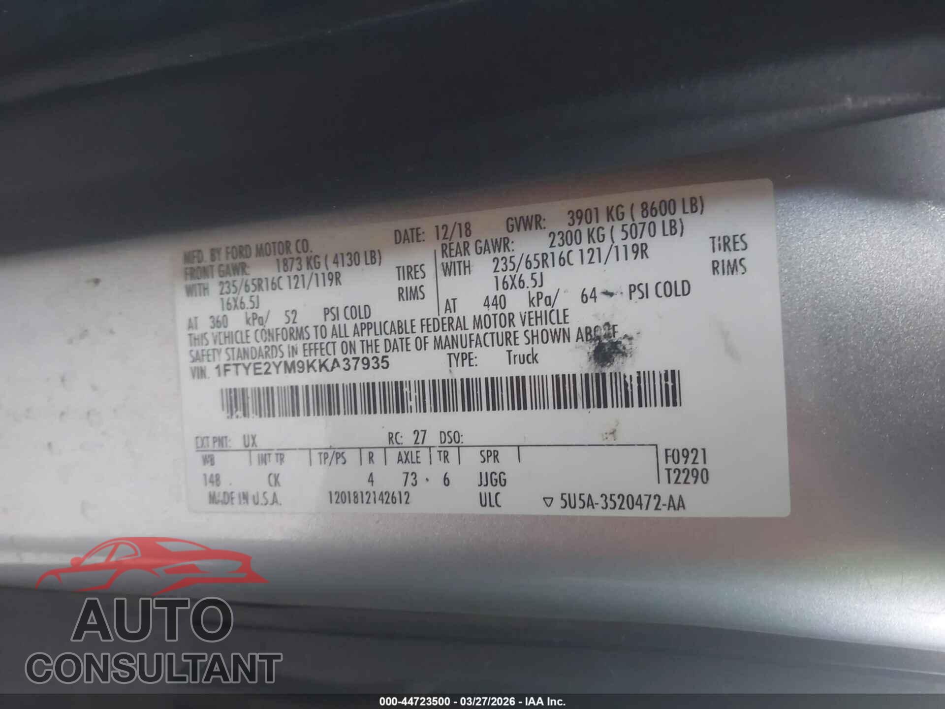FORD TRANSIT-150 2019 - 1FTYE2YM9KKA37935