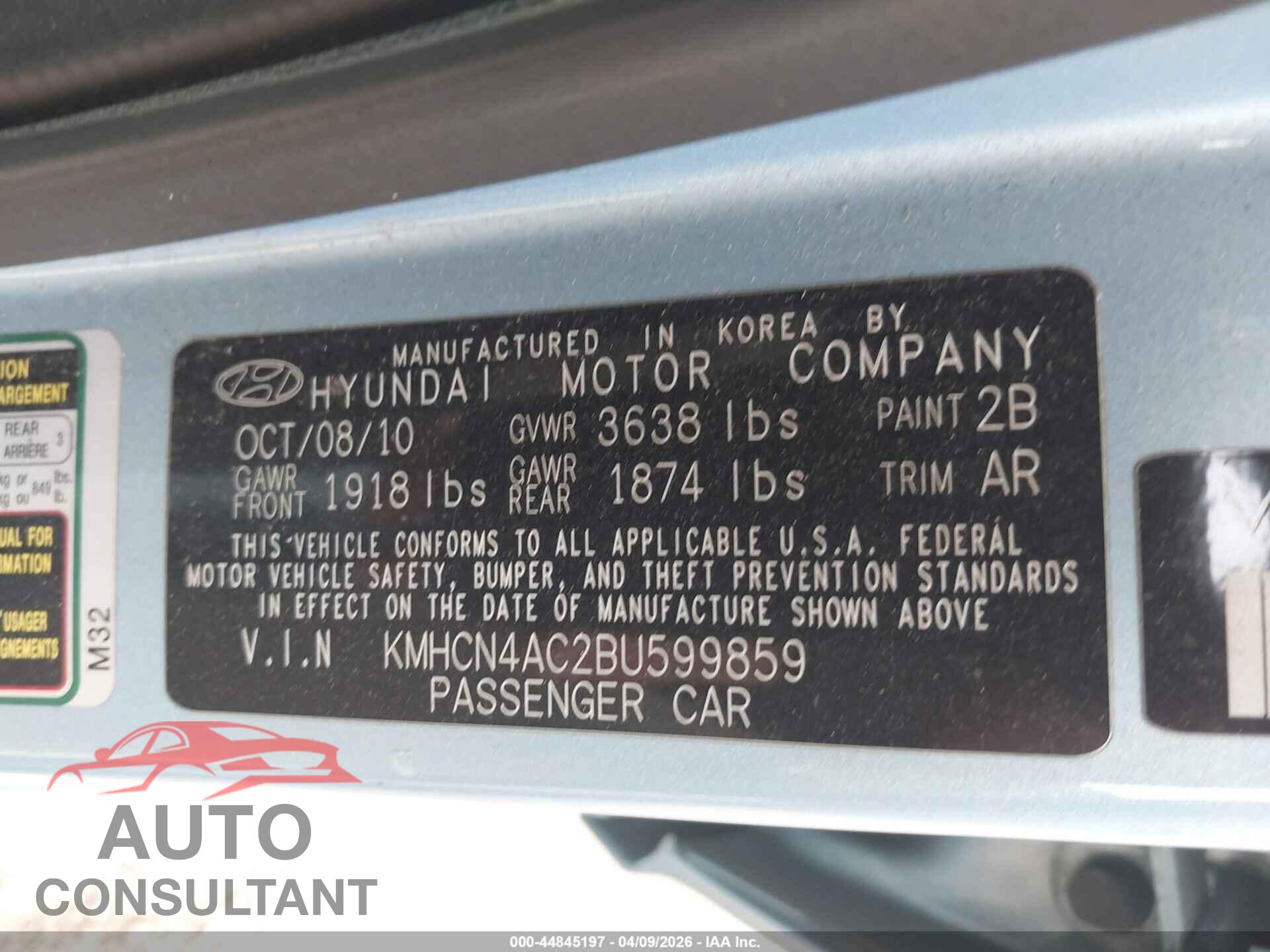 HYUNDAI ACCENT 2011 - KMHCN4AC2BU599859