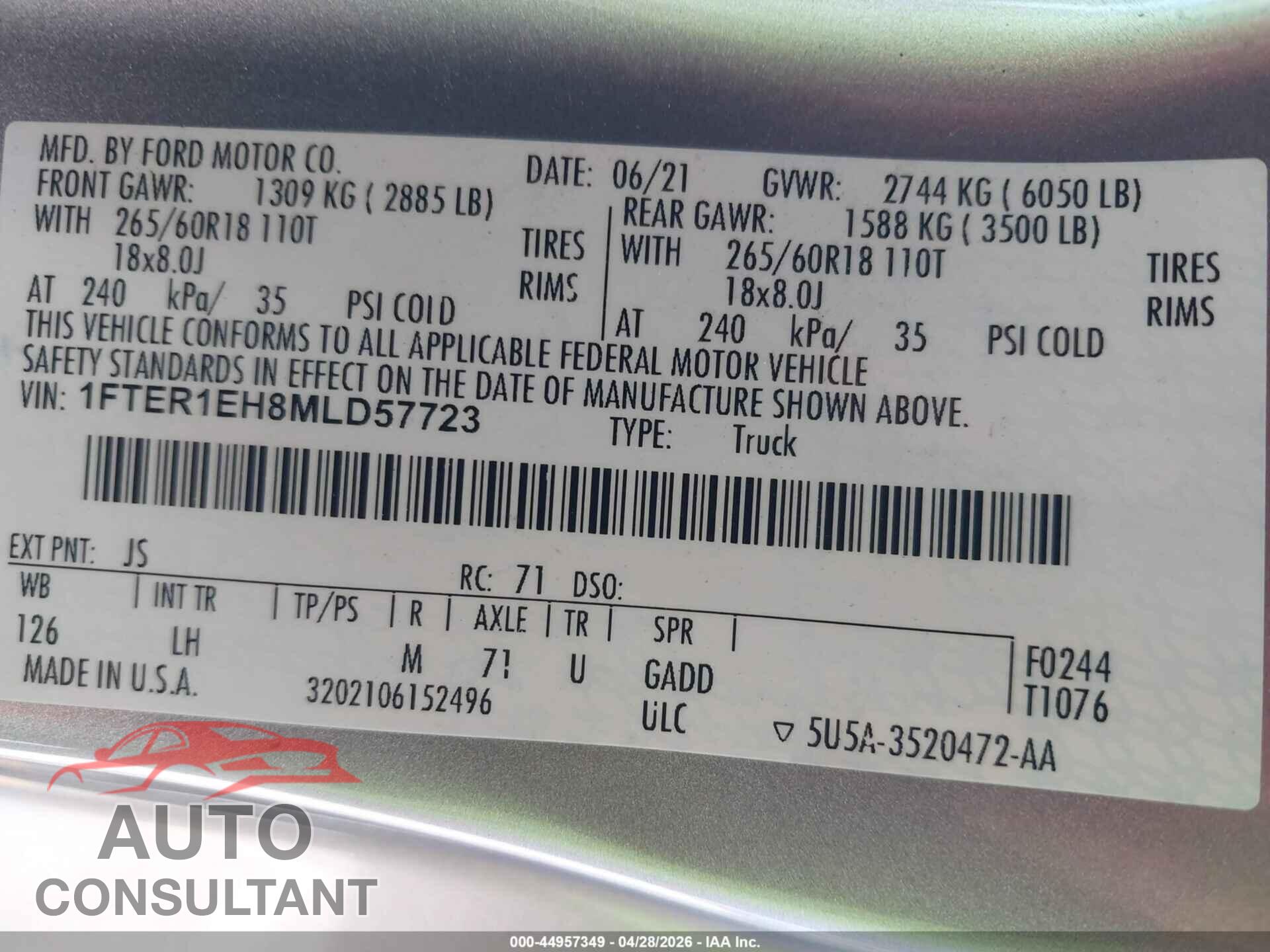 FORD RANGER 2021 - 1FTER1EH8MLD57723
