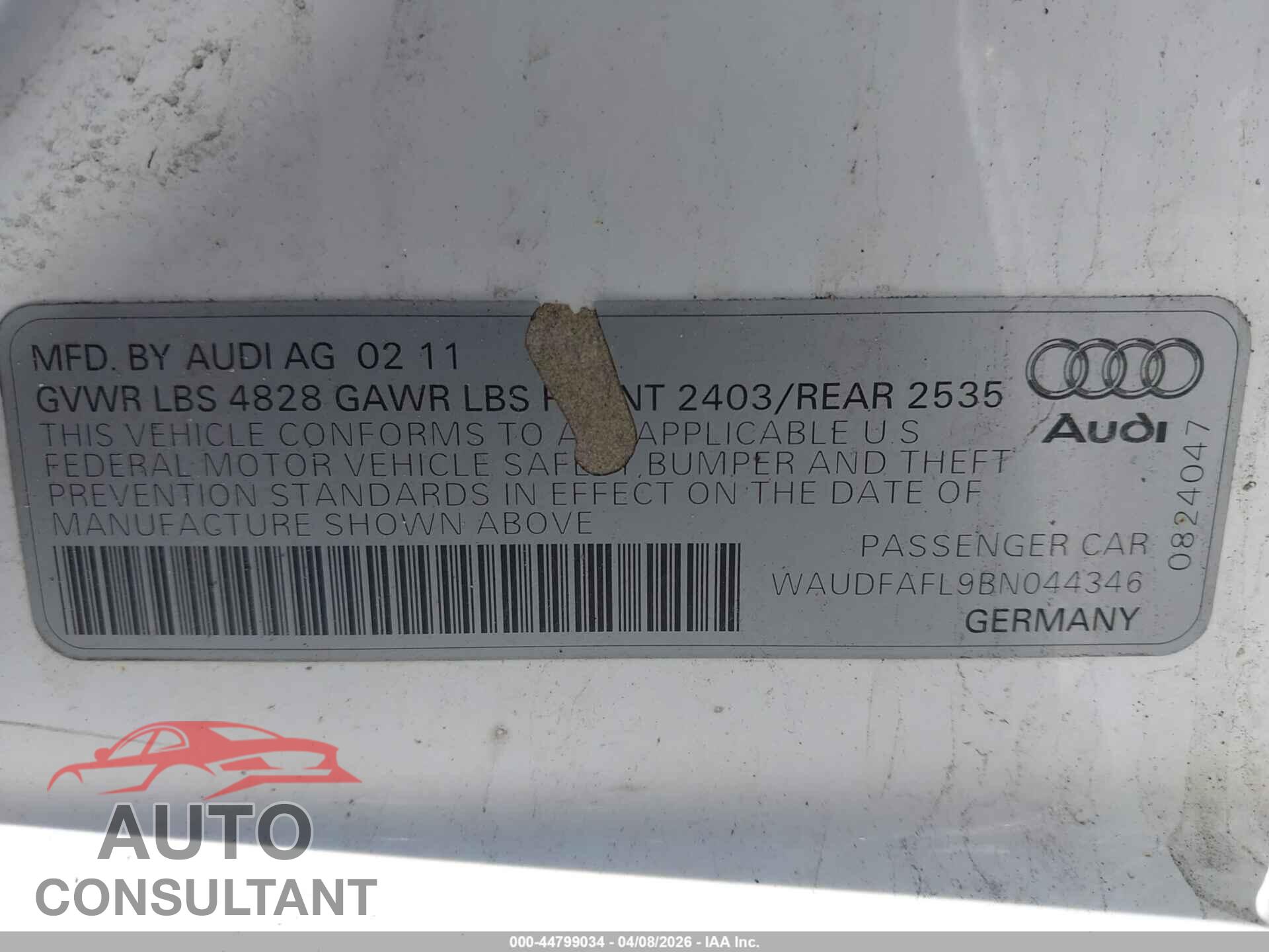 AUDI A4 2011 - WAUDFAFL9BN044346