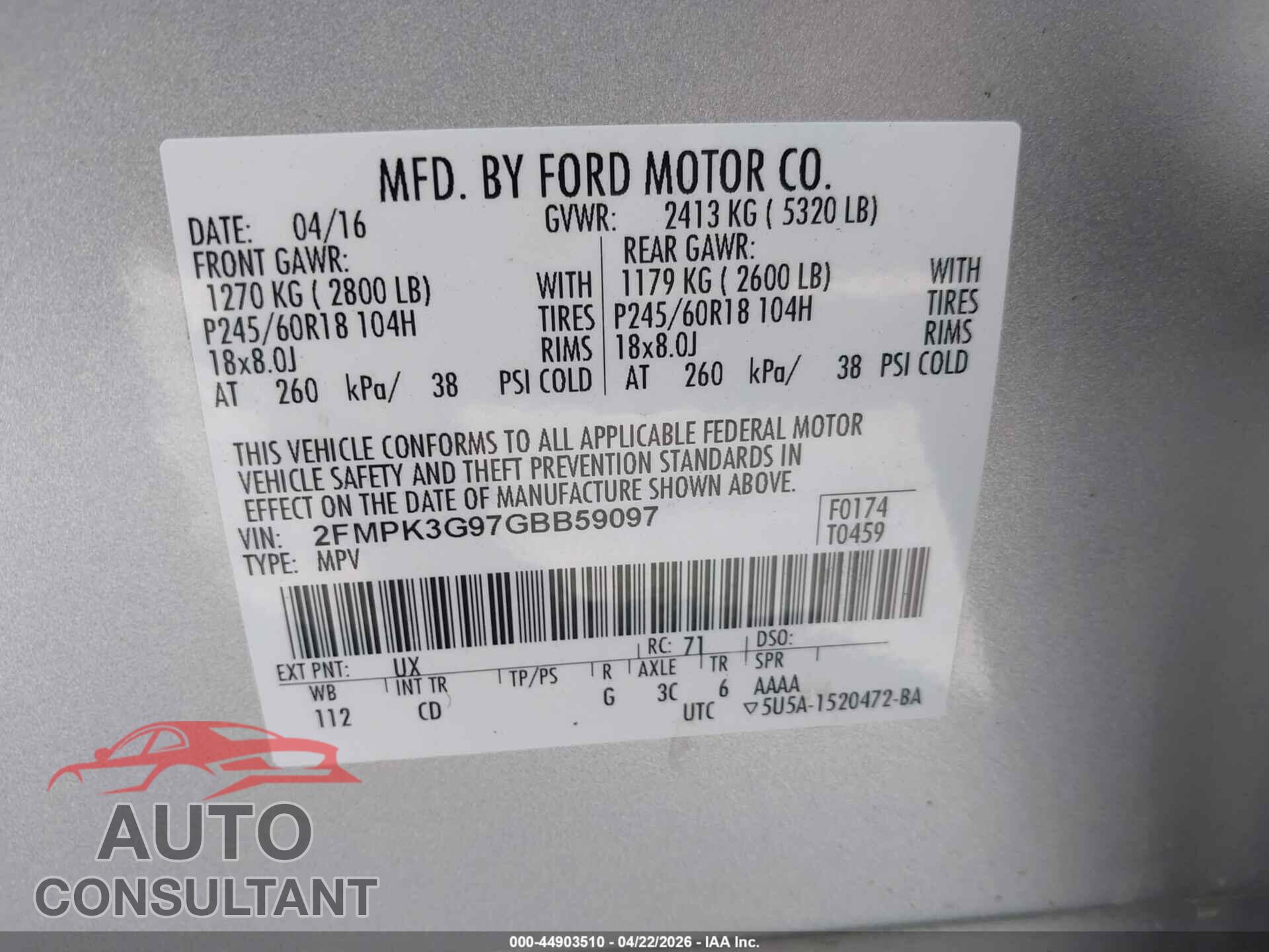 FORD EDGE 2016 - 2FMPK3G97GBB59097