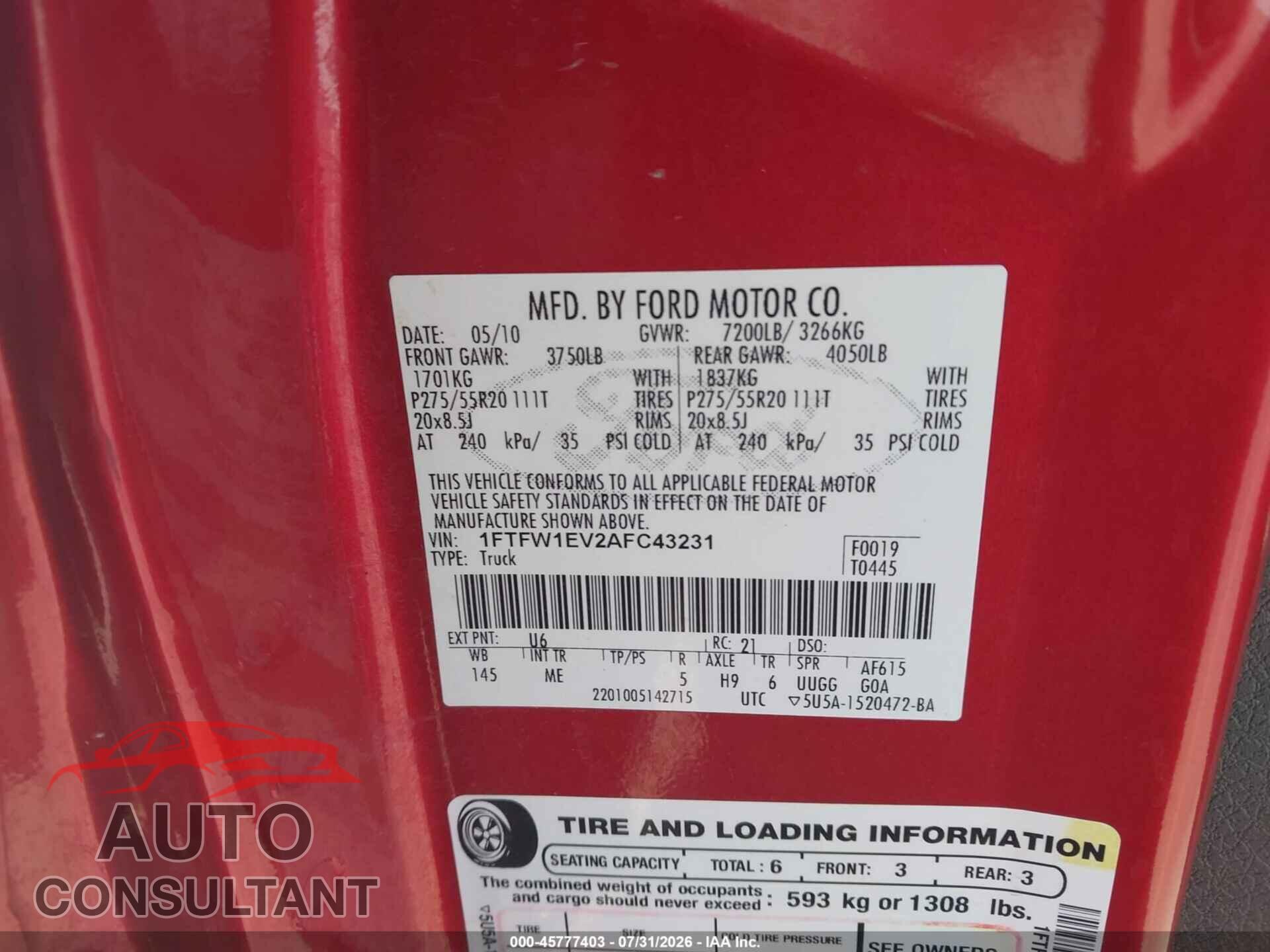 FORD F-150 2010 - 1FTFW1EV2AFC43231