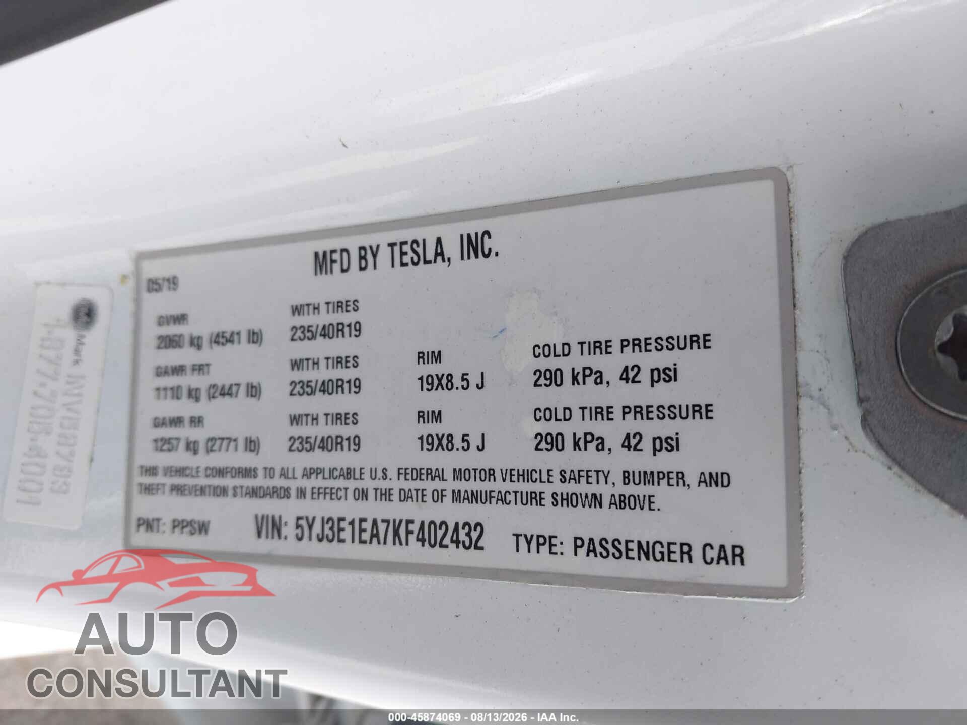 TESLA MODEL 3 2019 - 5YJ3E1EA7KF402432
