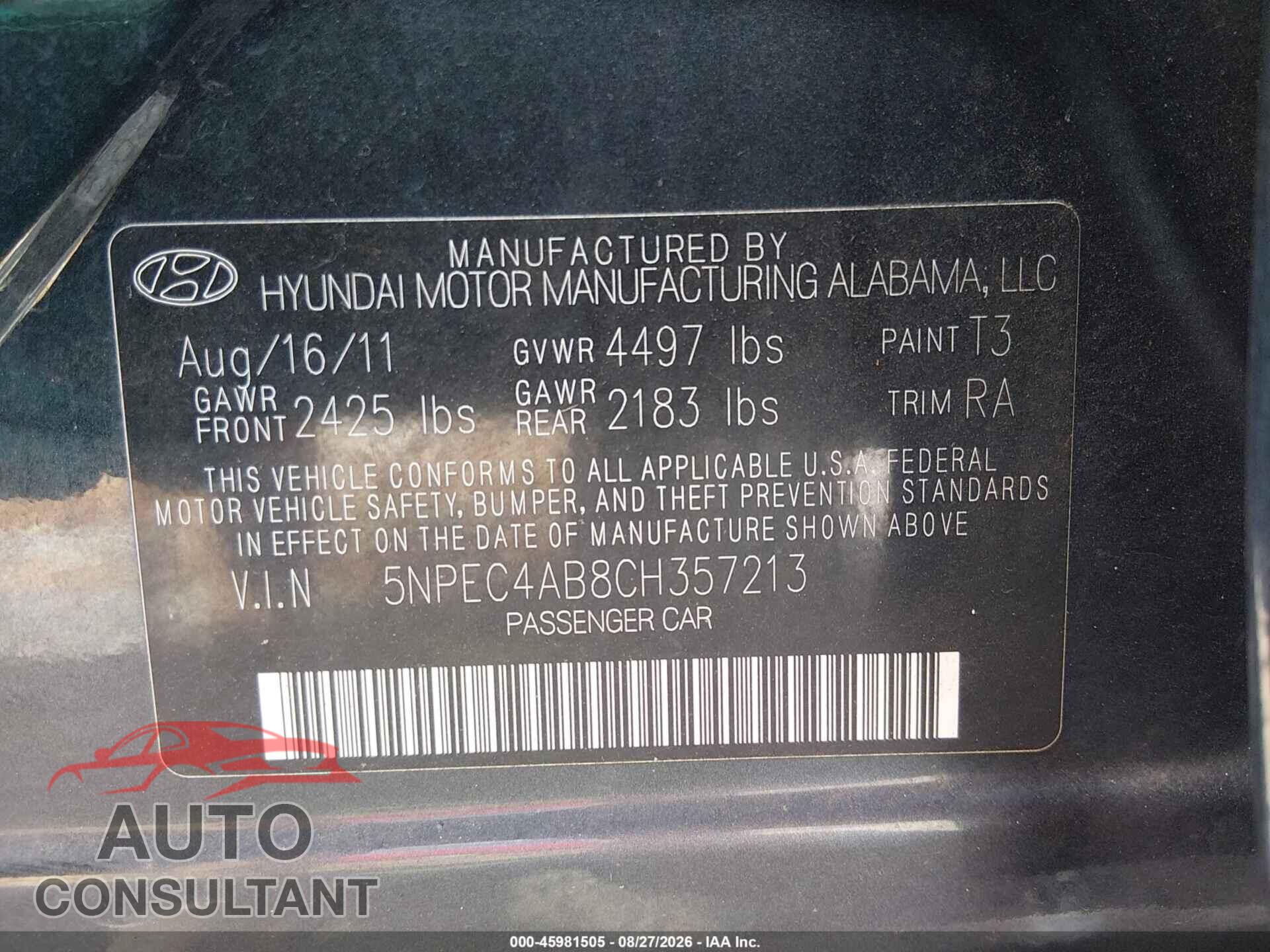 HYUNDAI SONATA 2012 - 5NPEC4AB8CH357213