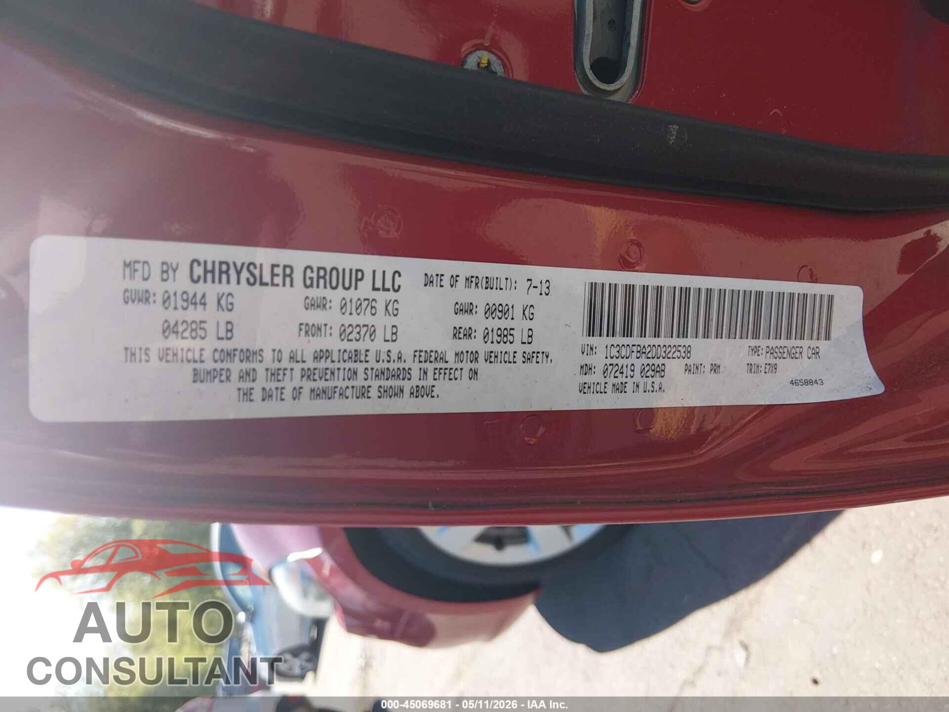 DODGE DART 2013 - 1C3CDFBA2DD322538