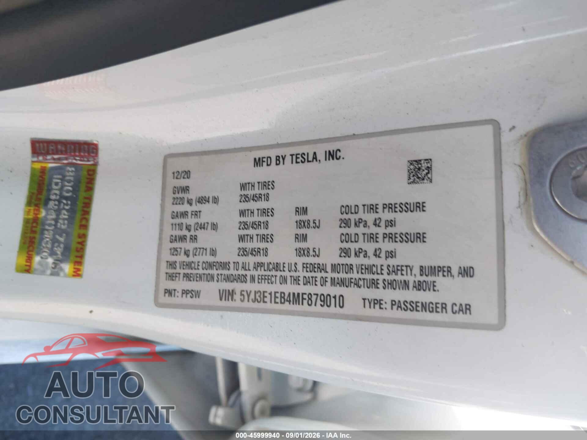 TESLA MODEL 3 2021 - 5YJ3E1EB4MF879010