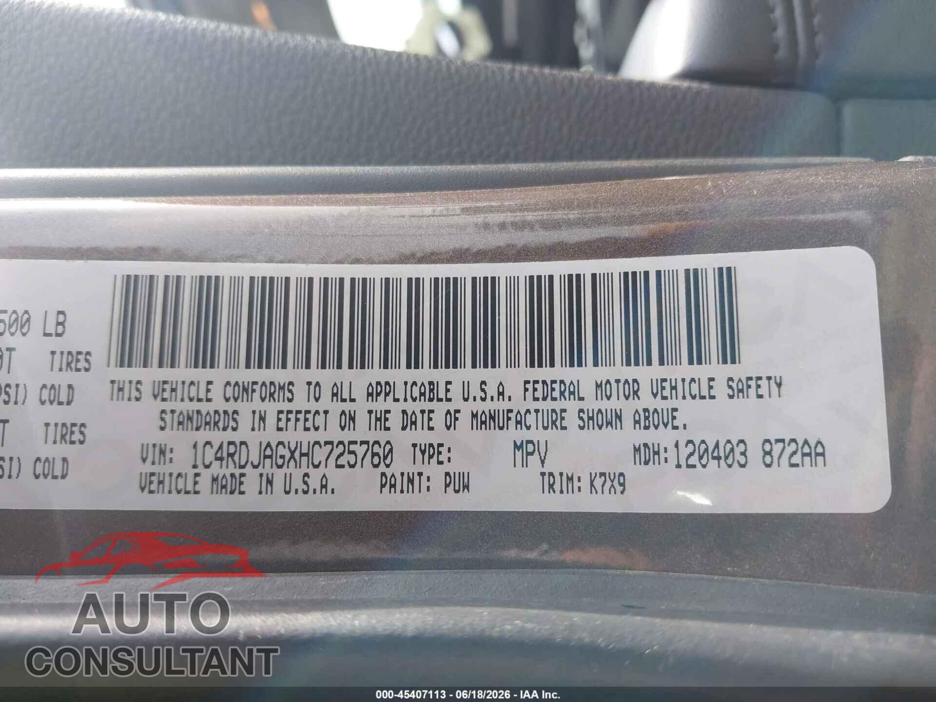 DODGE DURANGO 2017 - 1C4RDJAGXHC725760