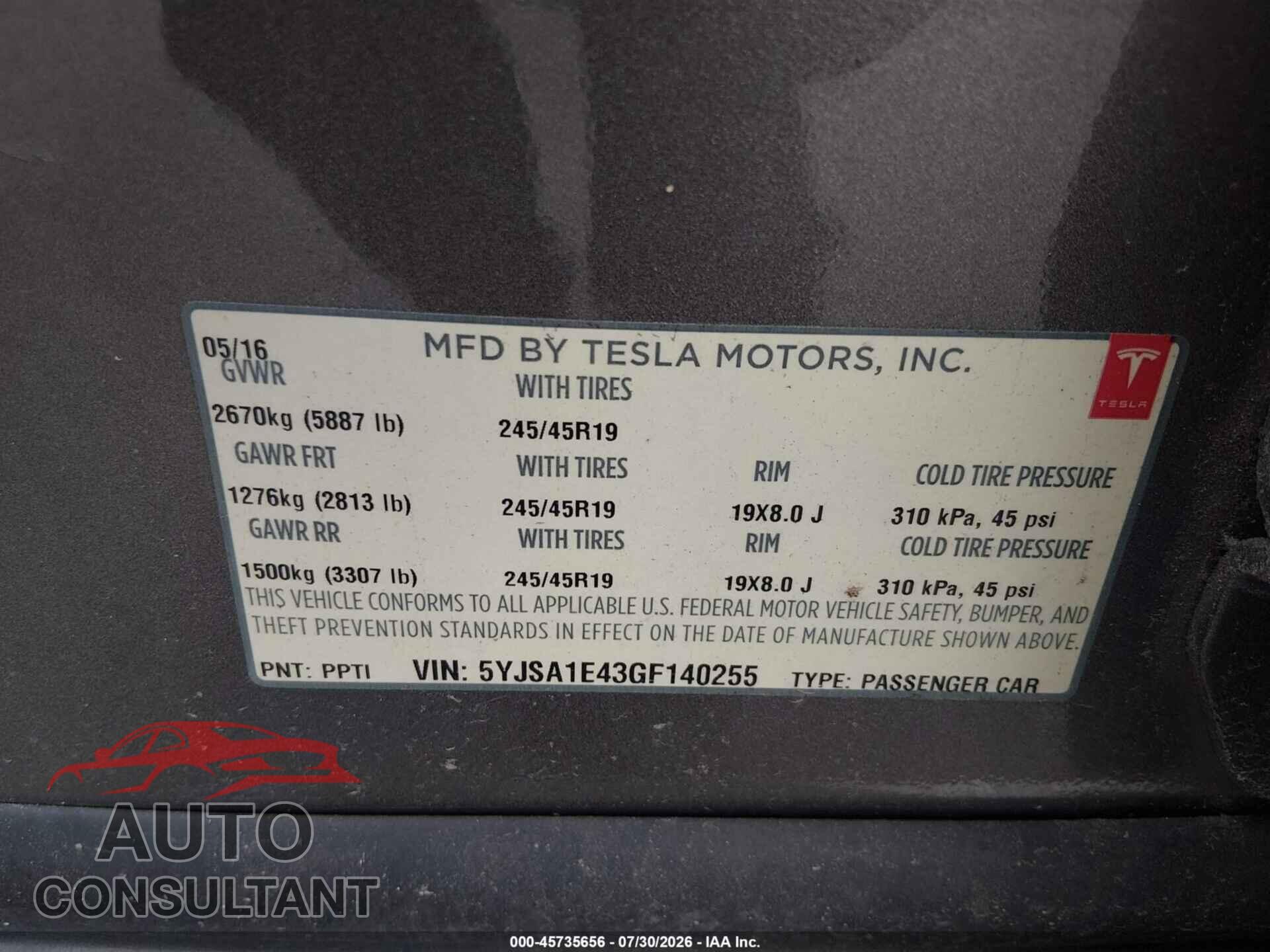 TESLA MODEL S 2016 - 5YJSA1E43GF140255