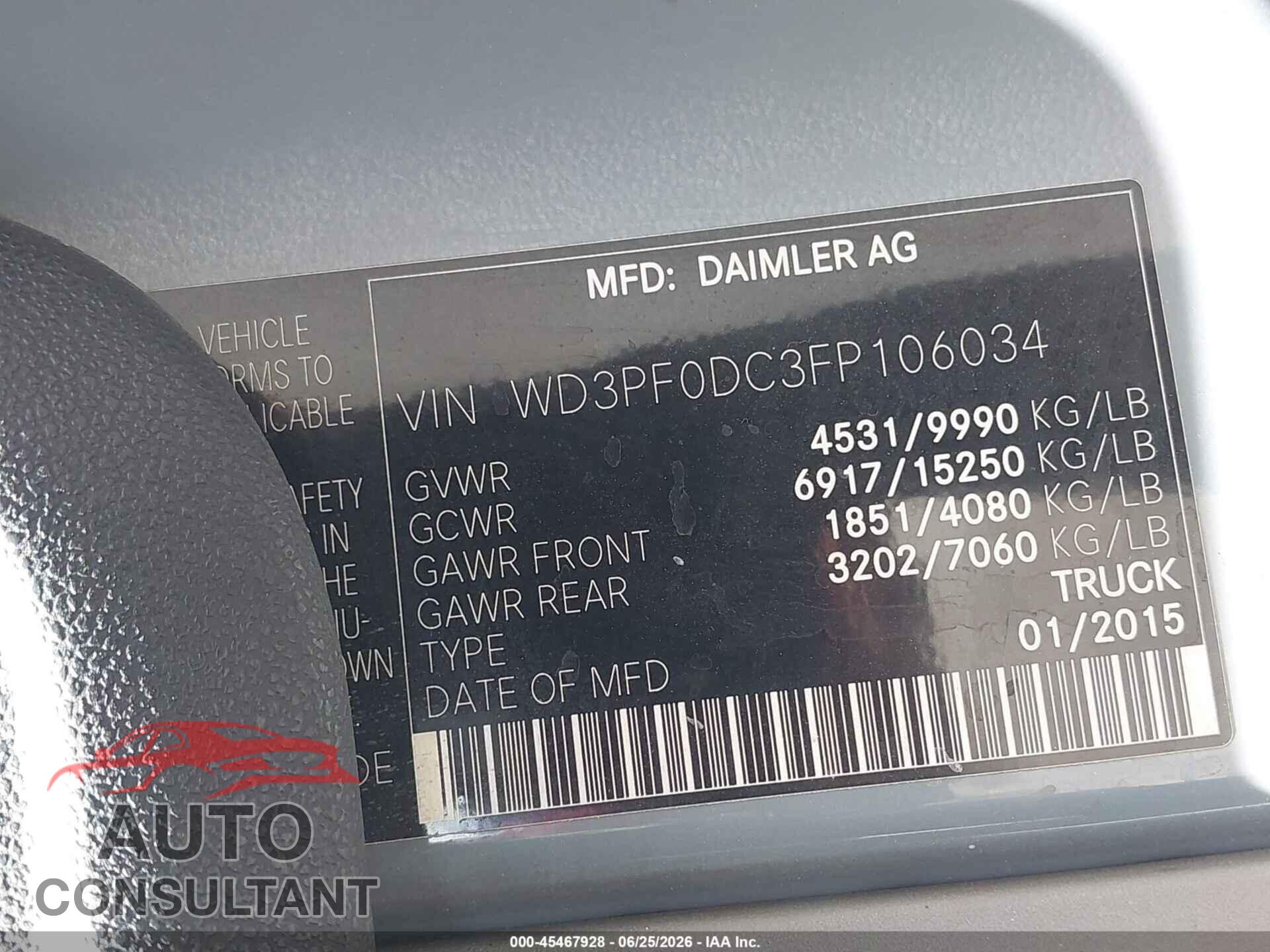 MERCEDES-BENZ SPRINTER 3500 2015 - WD3PF0DC3FP106034