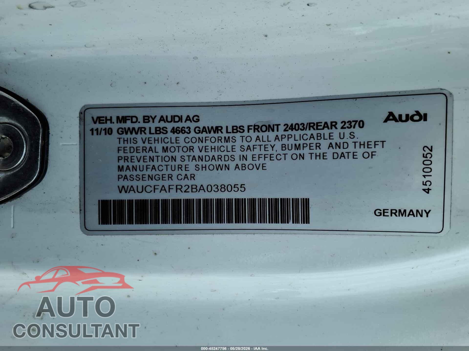 AUDI A5 2011 - WAUCFAFR2BA038055