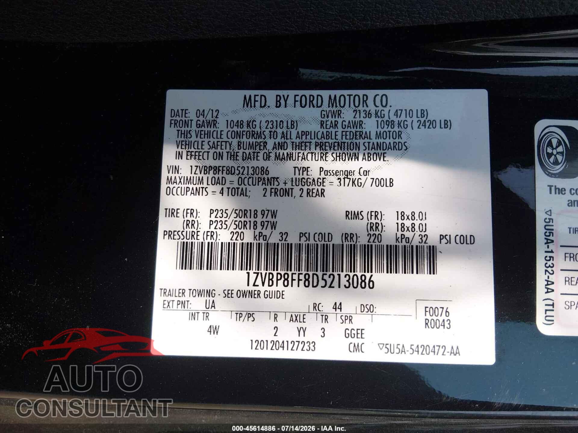 FORD MUSTANG 2013 - 1ZVBP8FF8D5213086