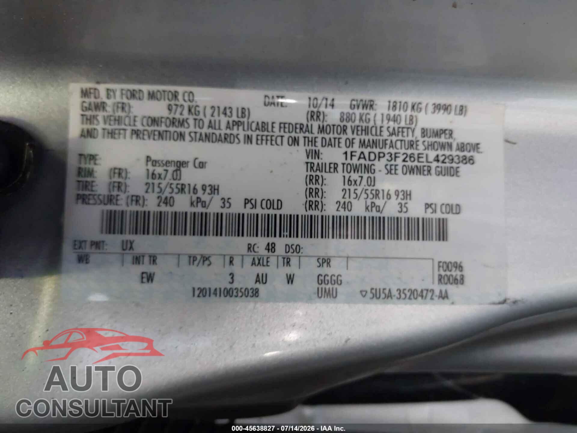 FORD FOCUS 2014 - 1FADP3F26EL429386