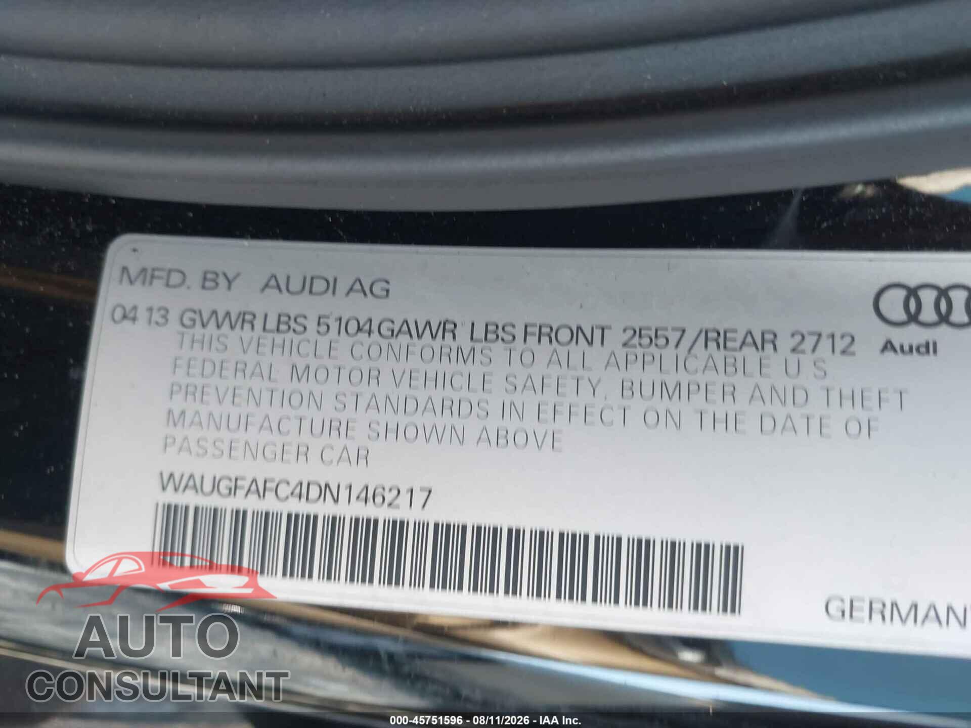 AUDI A6 2013 - WAUGFAFC4DN146217
