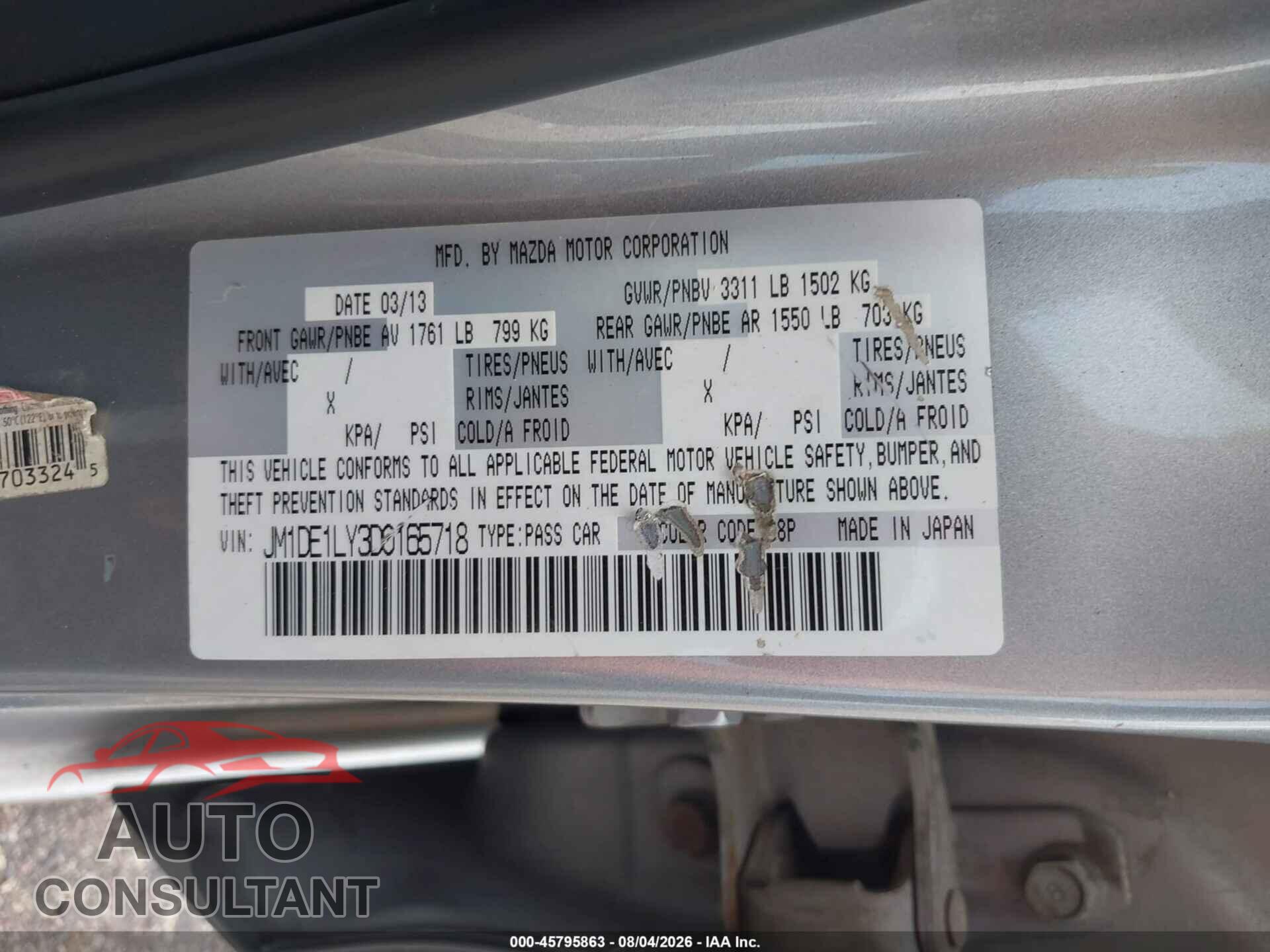 MAZDA MAZDA2 2013 - JM1DE1LY3D0165718