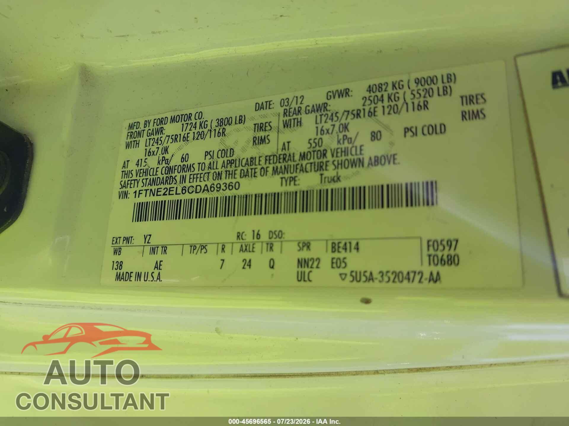 FORD E-250 2012 - 1FTNE2EL6CDA69360