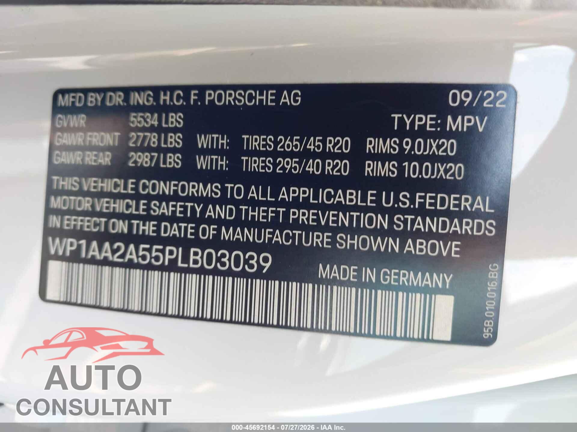 PORSCHE MACAN 2023 - WP1AA2A55PLB03039