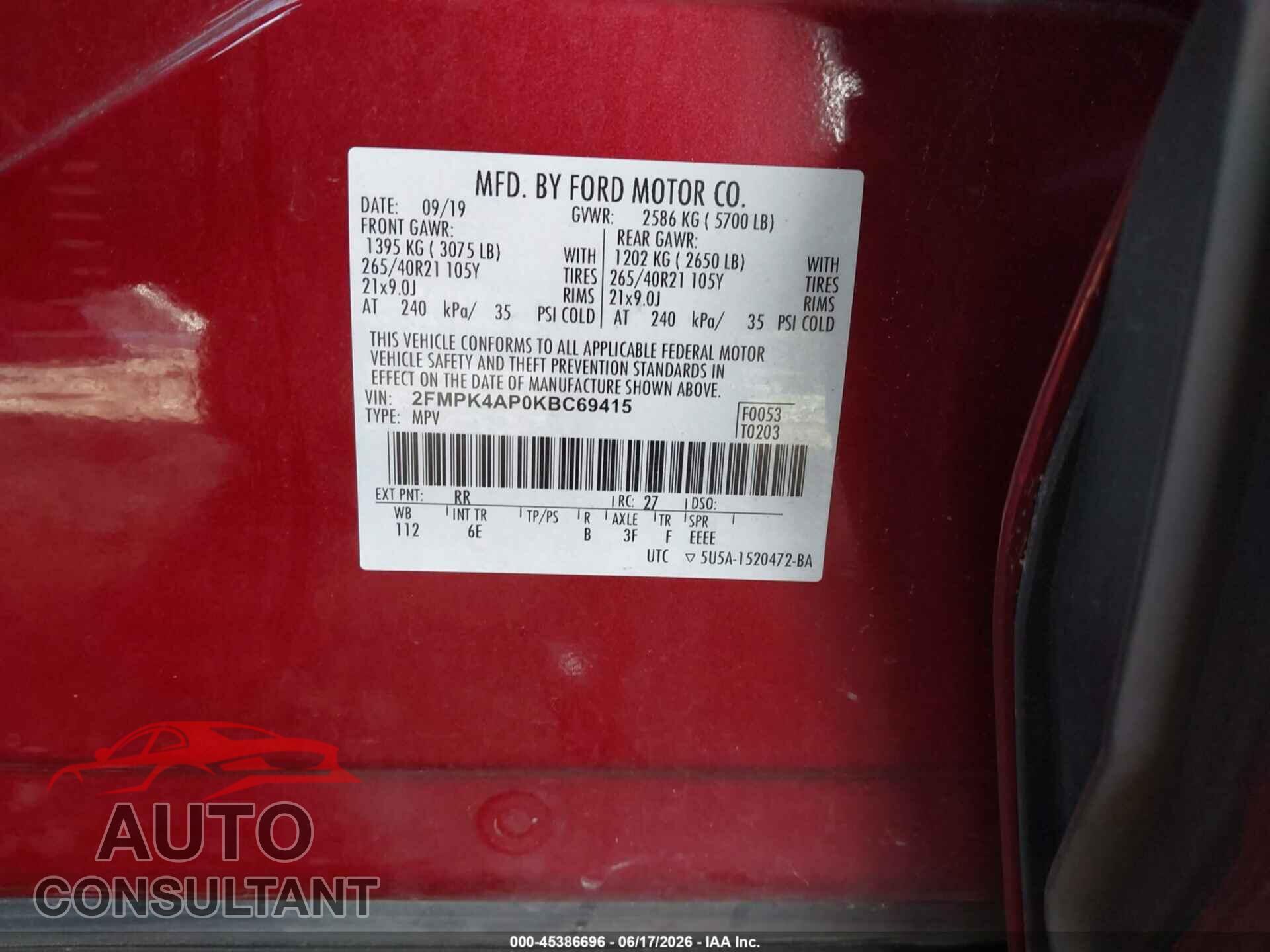 FORD EDGE 2019 - 2FMPK4AP0KBC69415