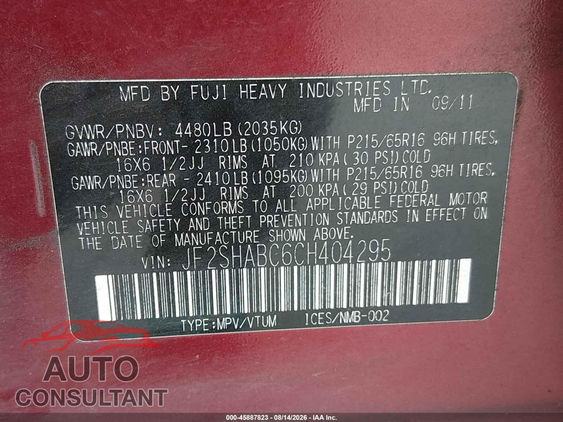 SUBARU FORESTER 2012 - JF2SHABC6CH404295