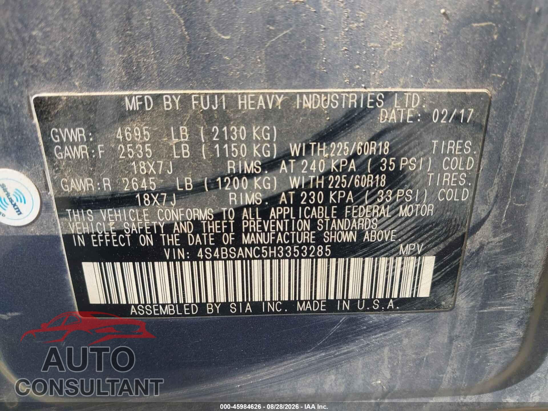SUBARU OUTBACK 2017 - 4S4BSANC5H3353285