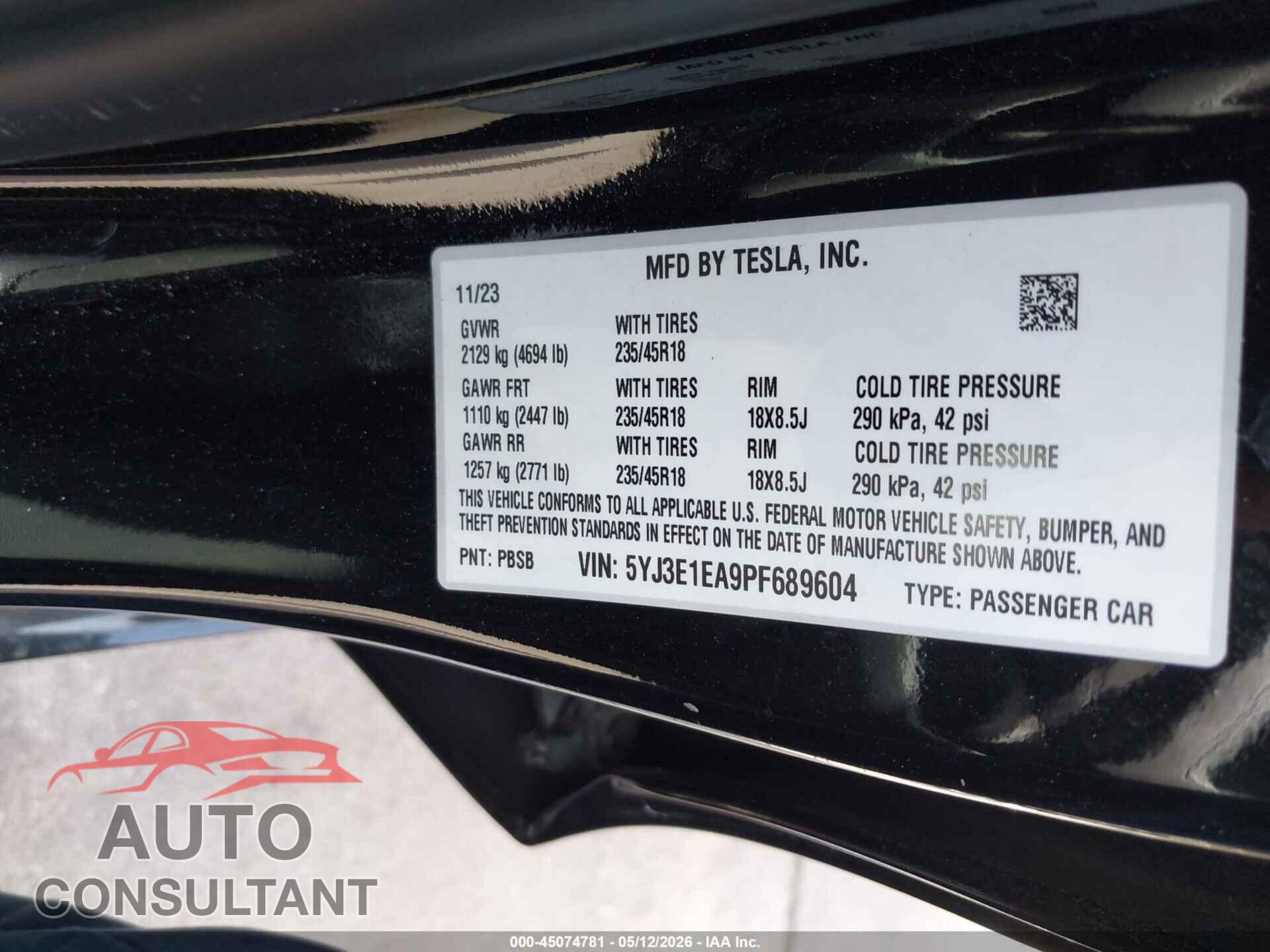 TESLA MODEL 3 2023 - 5YJ3E1EA9PF689604