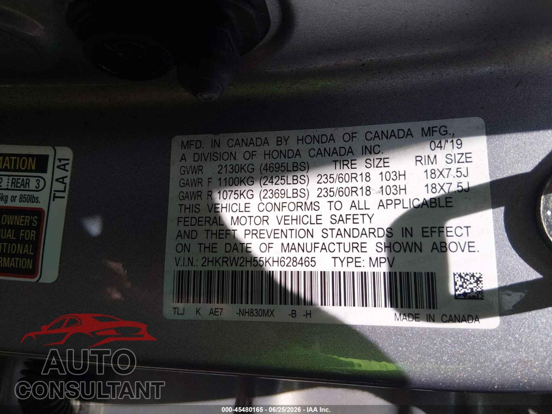 HONDA CR-V 2019 - 2HKRW2H55KH628465