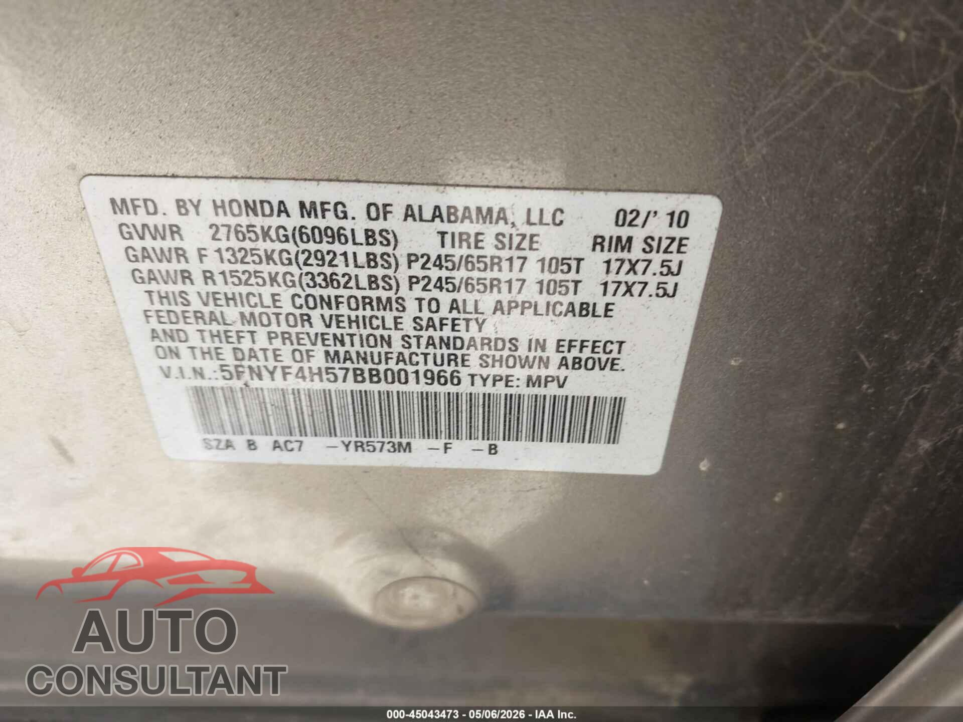 HONDA PILOT 2011 - 5FNYF4H57BB001966