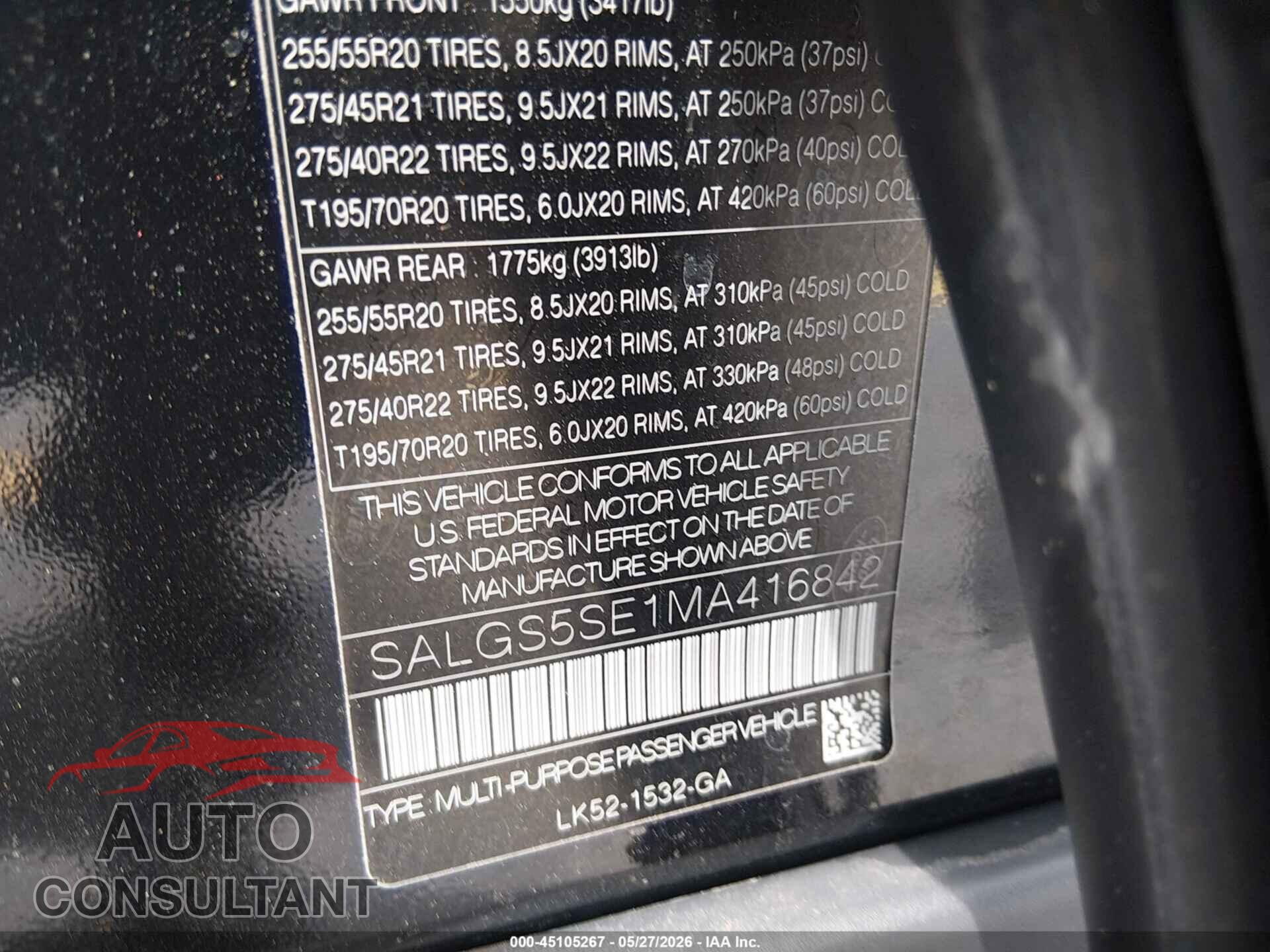 LAND ROVER RANGE ROVER 2021 - SALGS5SE1MA416842