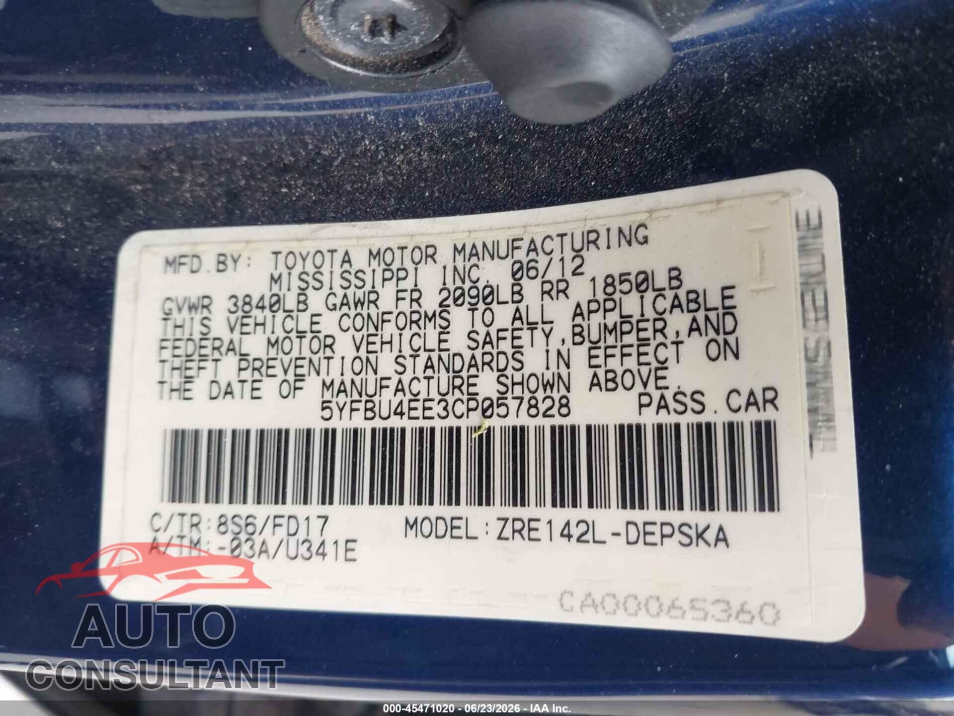 TOYOTA COROLLA 2012 - 5YFBU4EE3CP057828