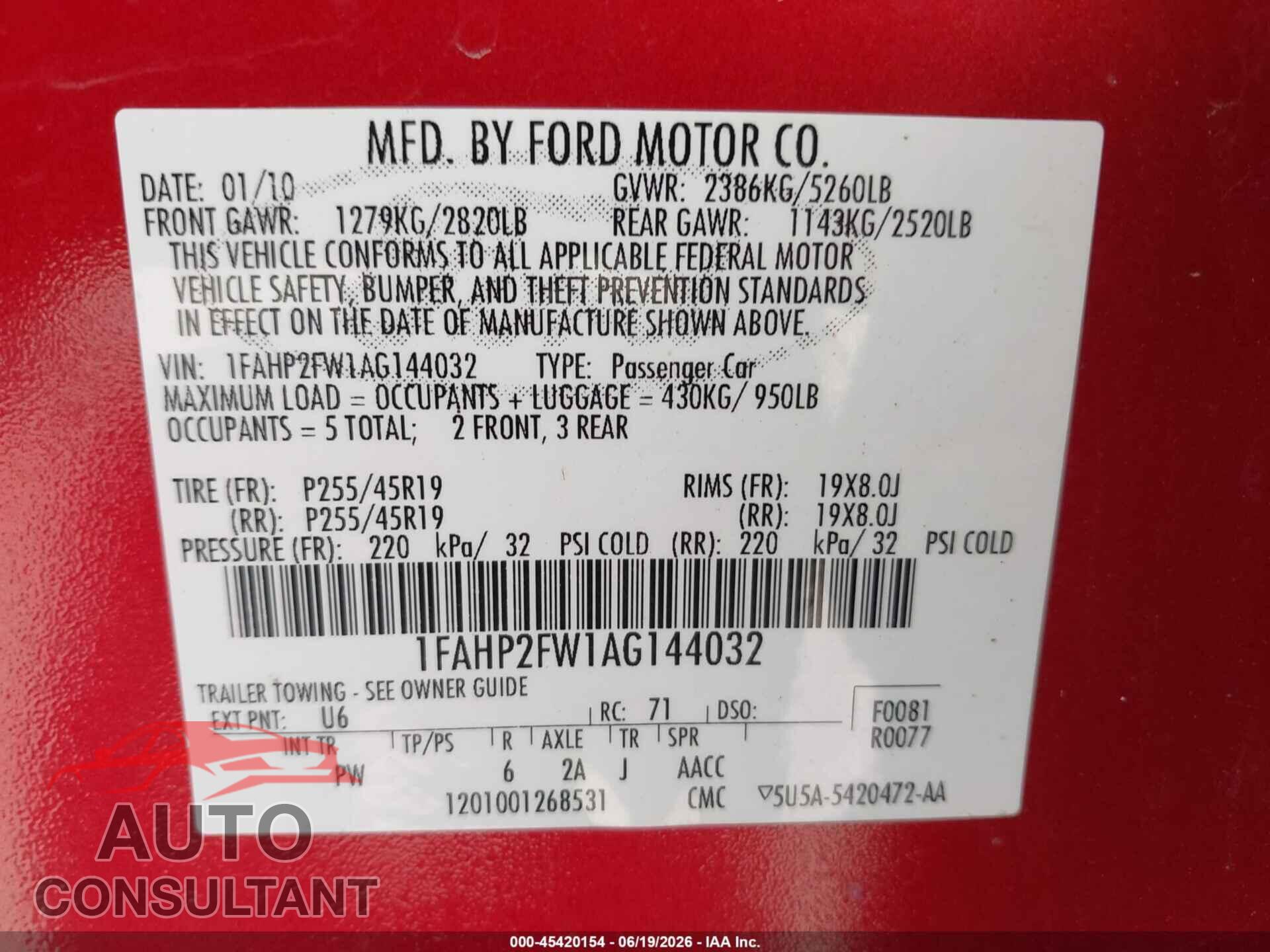 FORD TAURUS 2010 - 1FAHP2FW1AG144032