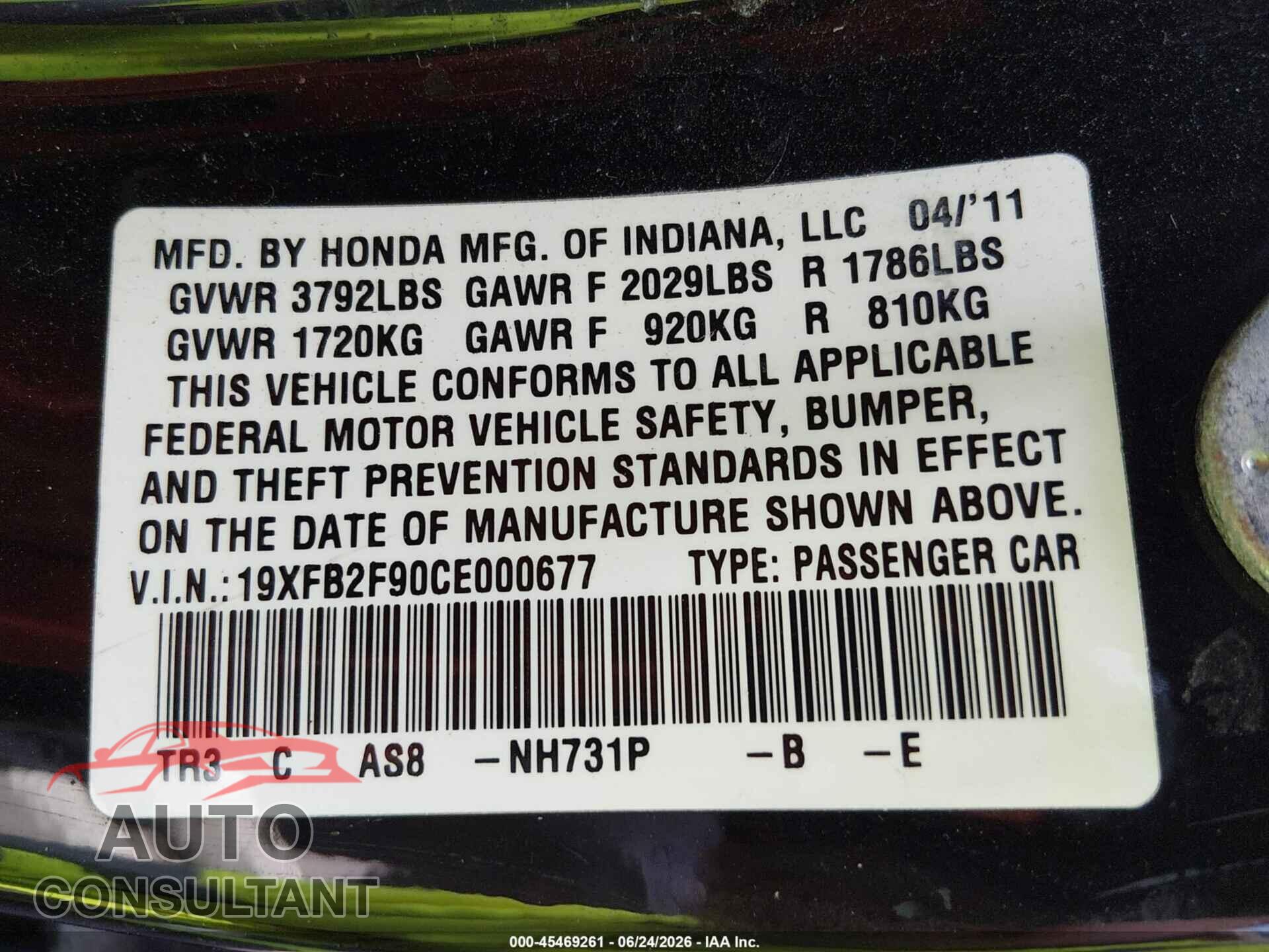 HONDA CIVIC 2012 - 19XFB2F90CE000677