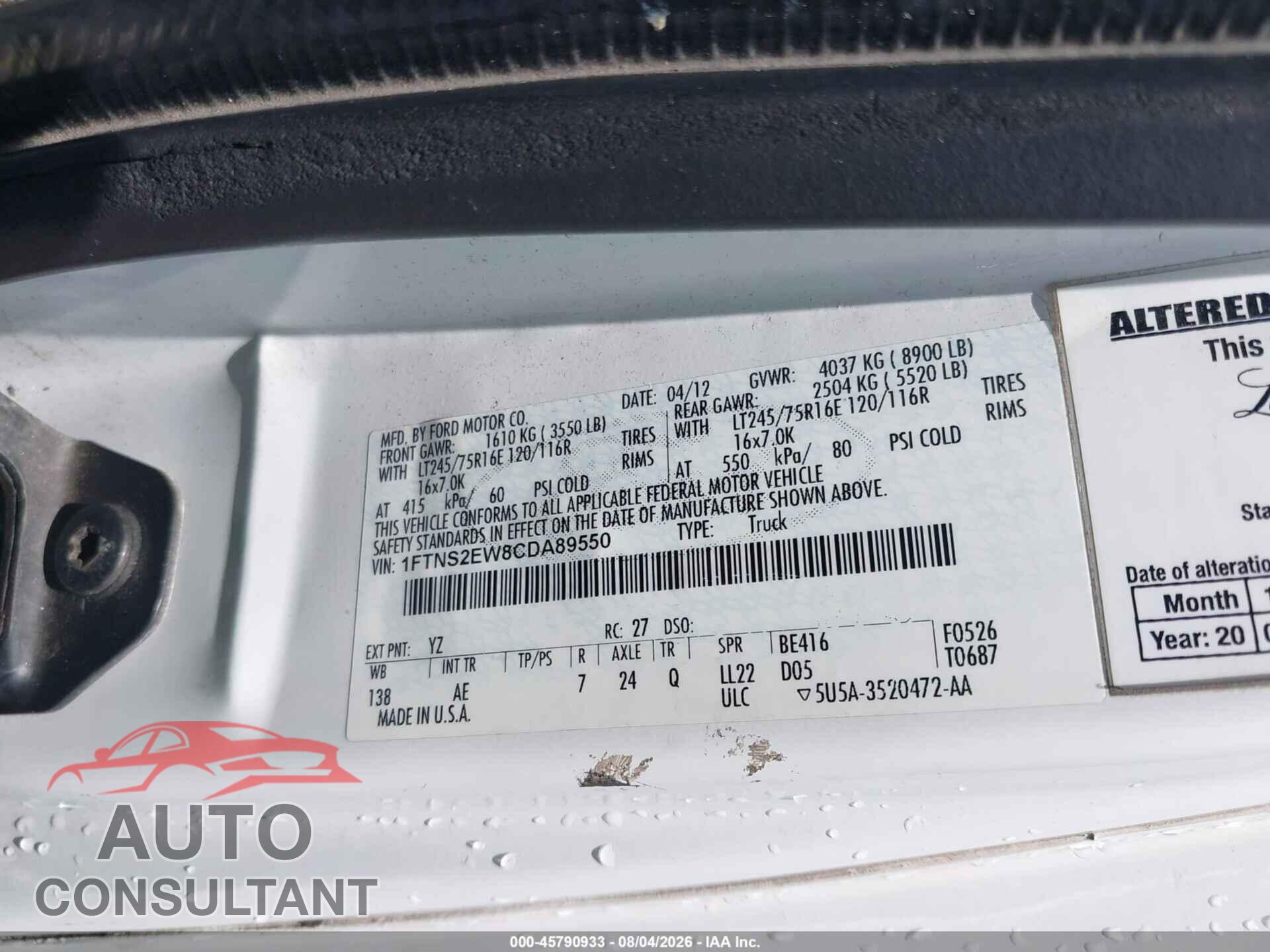 FORD E-250 2012 - 1FTNS2EW8CDA89550