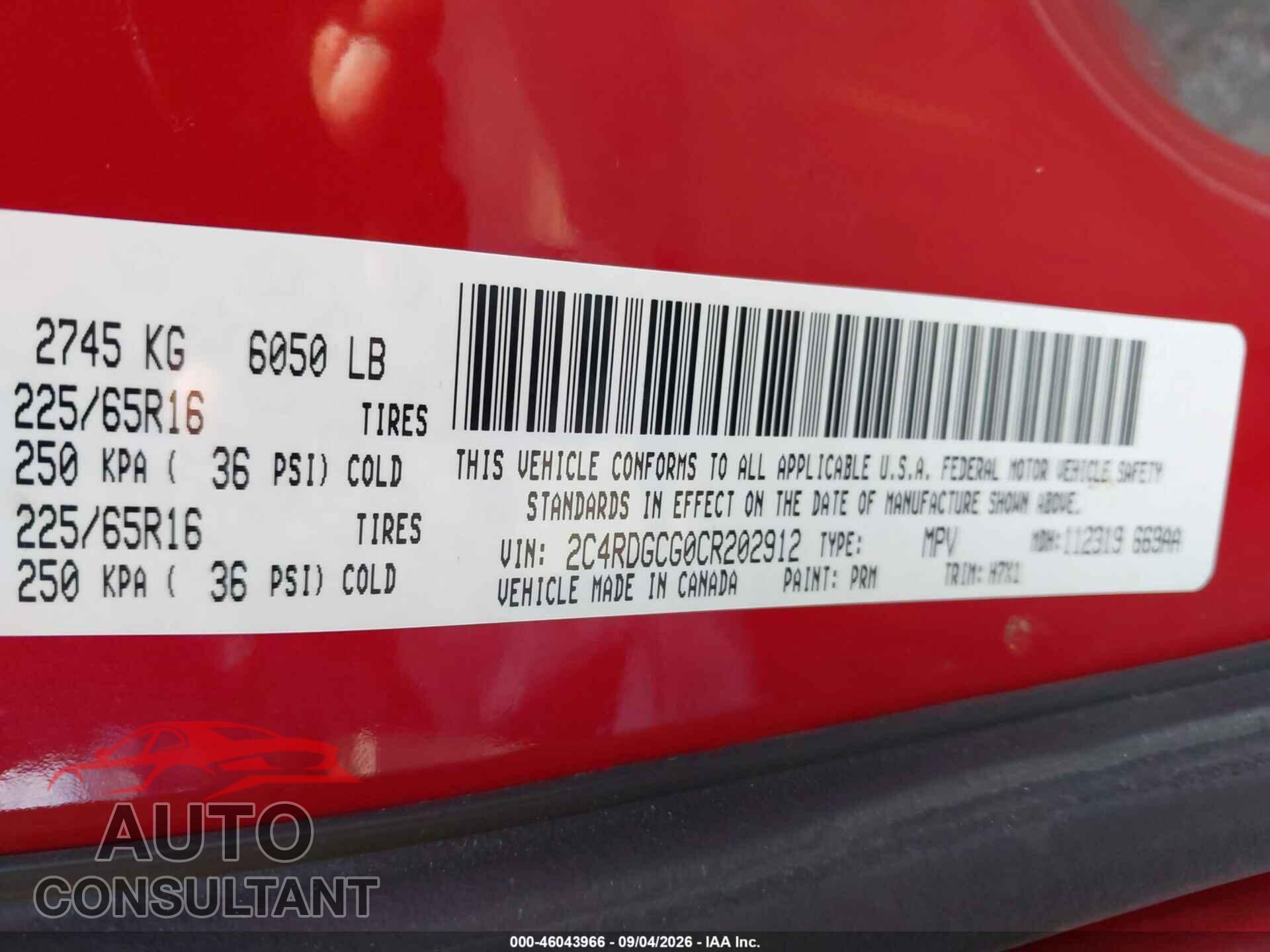 DODGE GRAND CARAVAN 2012 - 2C4RDGCG0CR202912